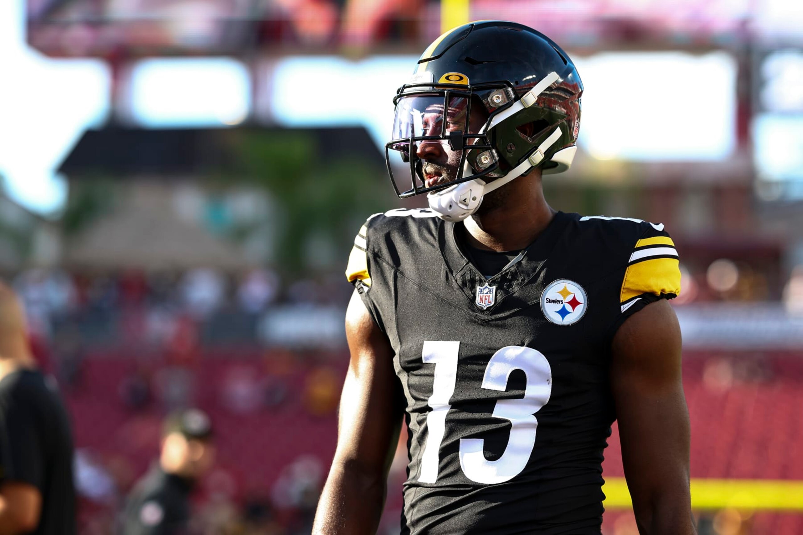 TAMPA, FL - AUGUST 11: Miles Boykin #13 of the Pittsburgh Steelers warms up prior to an NFL preseason football game against the Tampa Bay Buccaneers at Raymond James Stadium on August 11, 2023 in Tampa, Florida. (Photo by Kevin Sabitus/Getty Images)