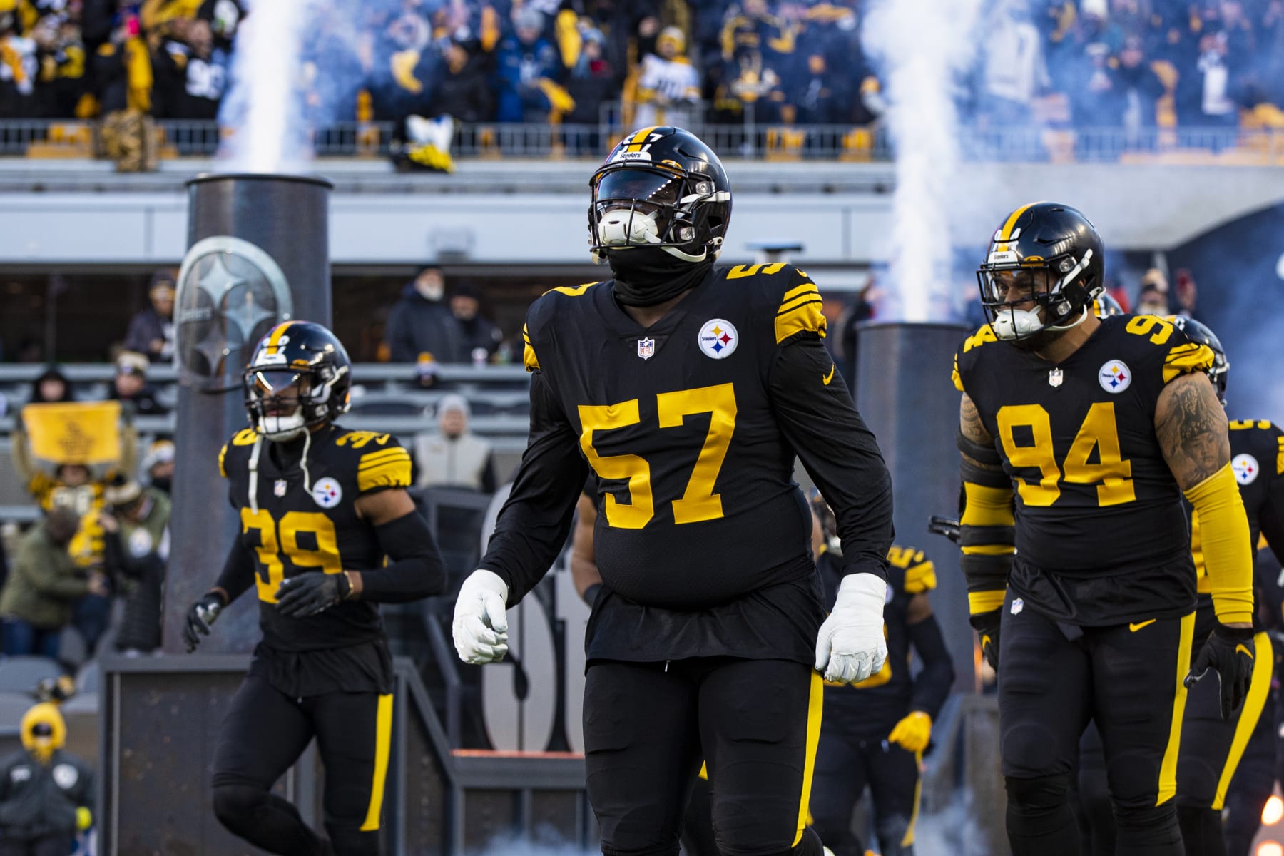 PITTSBURGH, PA - NOVEMBER 20: Pittsburgh Steelers defensive tackle Montravius Adams (57) looks on during the national football league game between the Cincinnati Bengals and the Pittsburgh Steelers on November 20, 2022 at Acrisure Stadium in Pittsburgh, PA. (Photo by Mark Alberti/Icon Sportswire via Getty Images)
