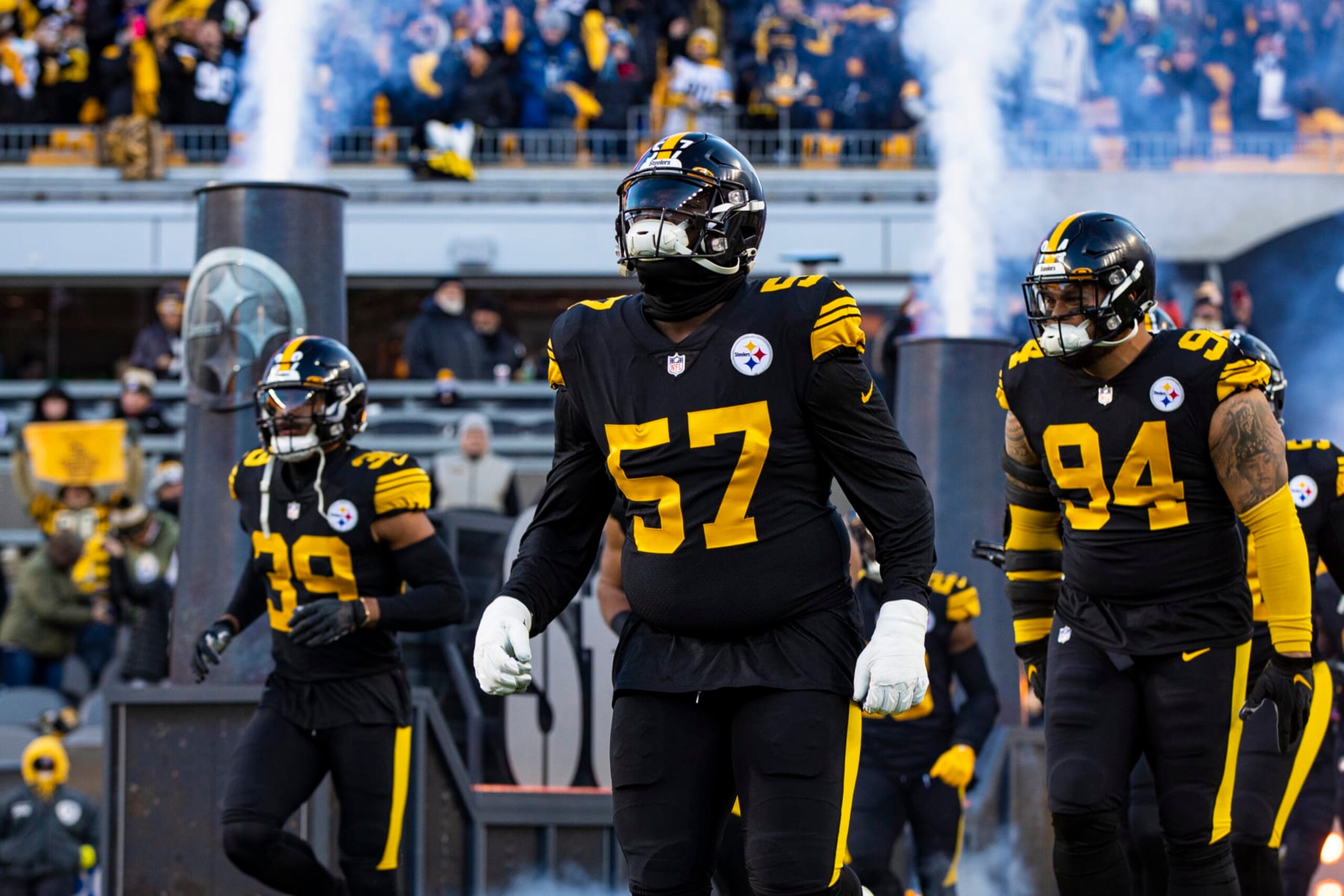 PITTSBURGH, PA - NOVEMBER 20: Pittsburgh Steelers defensive tackle Montravius Adams (57) looks on during the national football league game between the Cincinnati Bengals and the Pittsburgh Steelers on November 20, 2022 at Acrisure Stadium in Pittsburgh, PA. (Photo by Mark Alberti/Icon Sportswire via Getty Images)