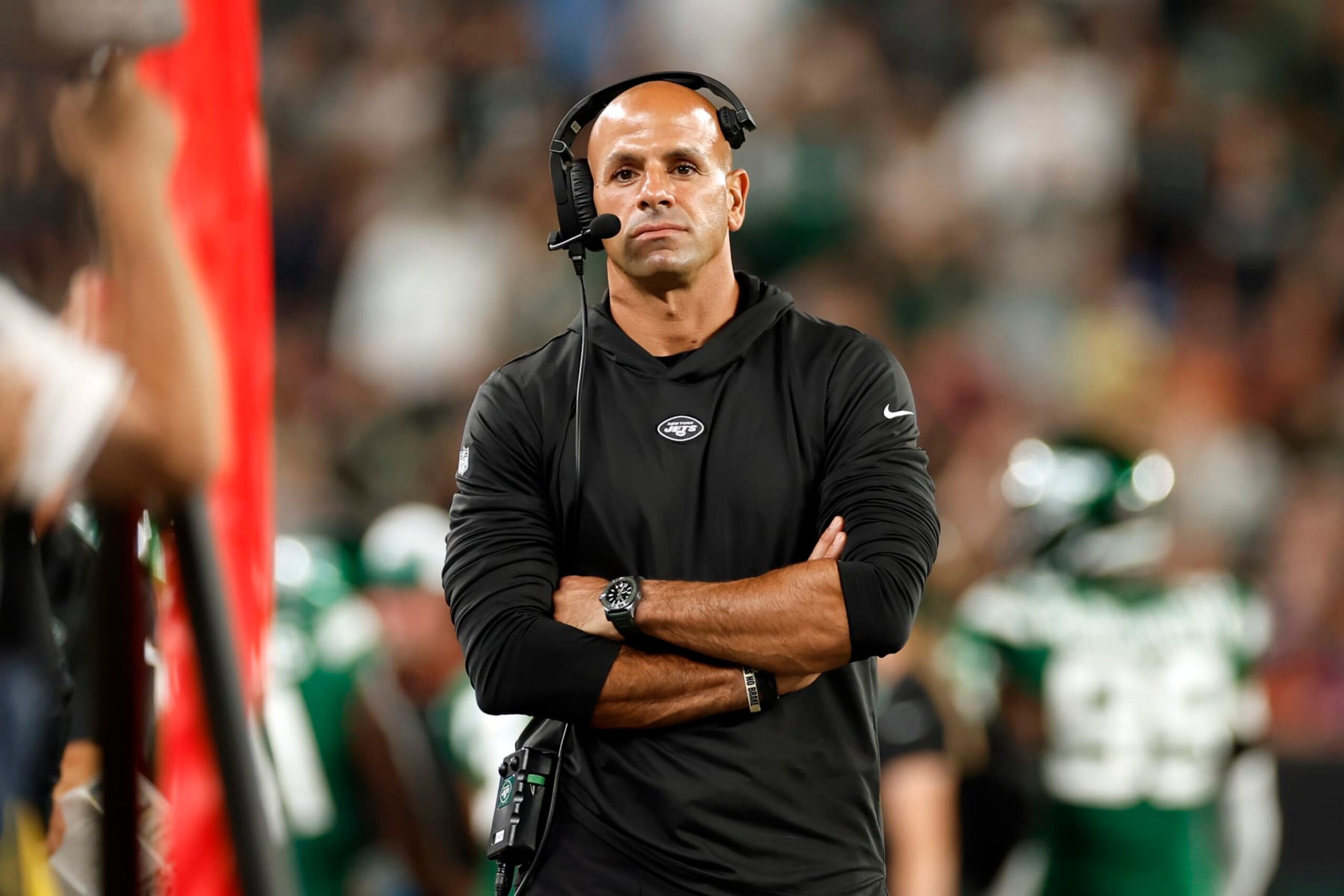 EAST RUTHERFORD, NEW JERSEY - AUGUST 19: Head coach Robert Saleh of the New York Jets looks on during the first half of a preseason game against the Tampa Bay Buccaneers at MetLife Stadium on August 19, 2023 in East Rutherford, New Jersey. (Photo by Sarah Stier/Getty Images)
