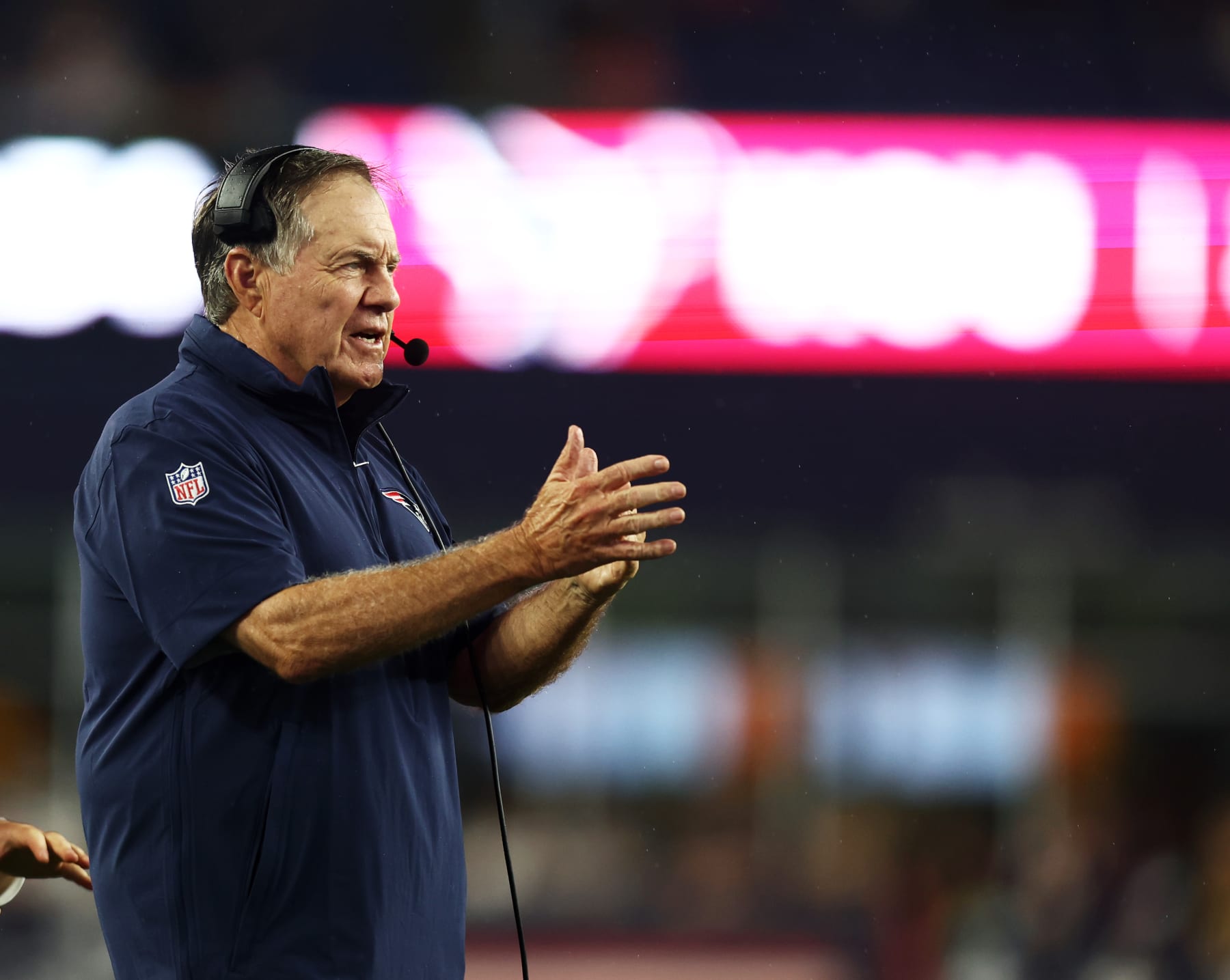 FOXBOROUGH, MASSACHUSETTS - AUGUST 10: Head coach Bill Belichick calls for a timeout during the fourth quarter during the preseason game against the Houston Texans at Gillette Stadium on August 10, 2023 in Foxborough, Massachusetts. (Photo by Omar Rawlings/Getty Images)