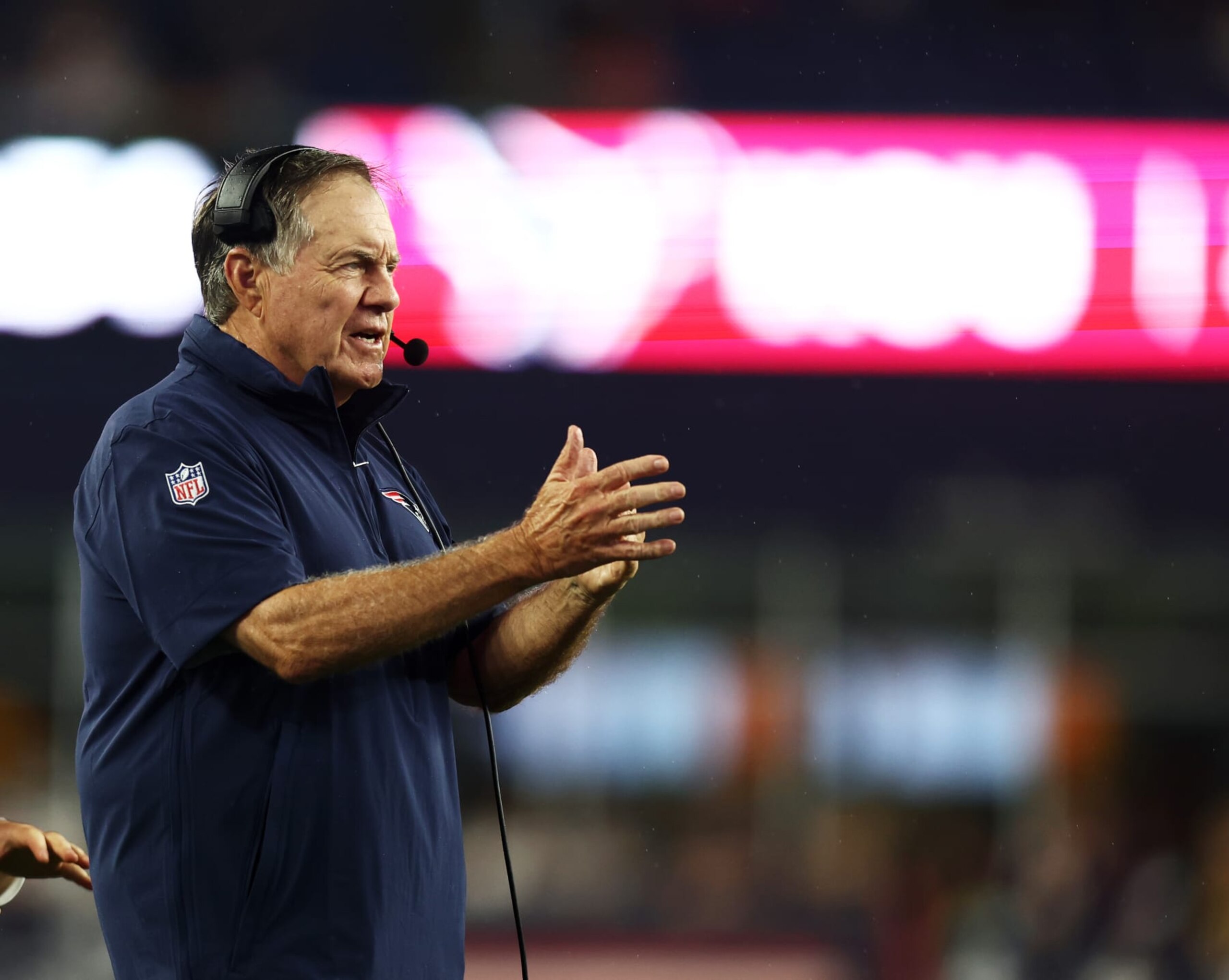 FOXBOROUGH, MASSACHUSETTS - AUGUST 10: Head coach Bill Belichick calls for a timeout during the fourth quarter during the preseason game against the Houston Texans at Gillette Stadium on August 10, 2023 in Foxborough, Massachusetts. (Photo by Omar Rawlings/Getty Images)