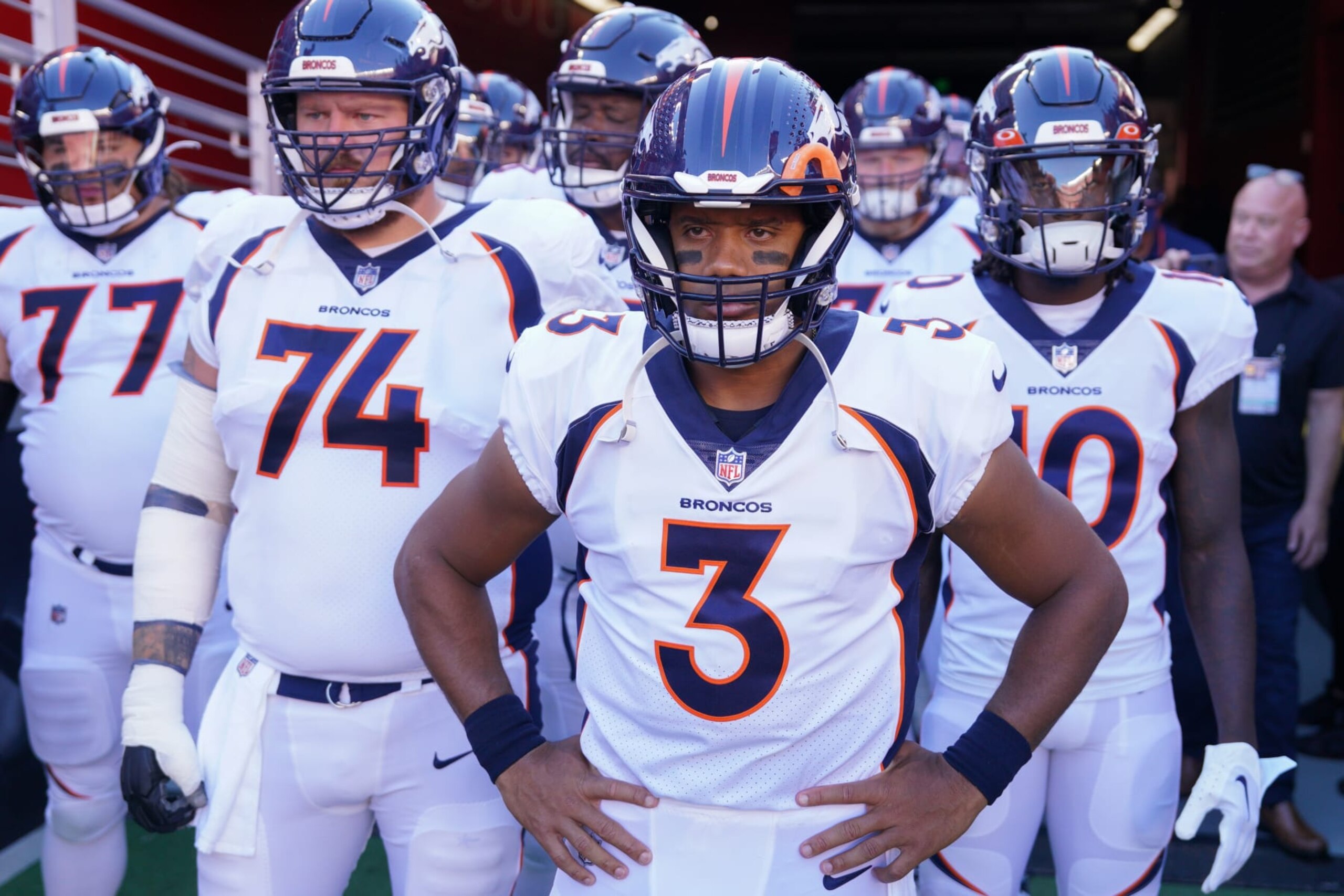 SANTA CLARA, CALIFORNIA - AUGUST 19: Russell Wilson #3 of the Denver Broncos waits to lead teammates onto the field for a preseason game against the San Francisco 49ers at Levi's Stadium on August 19, 2023 in Santa Clara, California. (Photo by Loren Elliott/Getty Images)