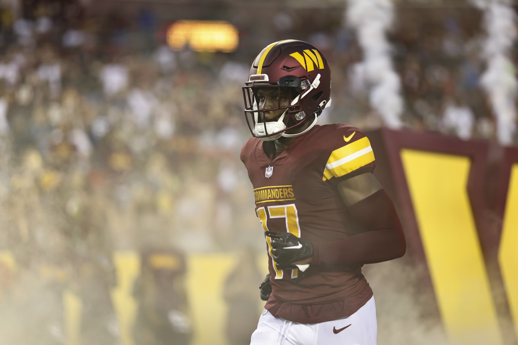LANDOVER, MARYLAND - AUGUST 21: Terry McLaurin #17 of the Washington Commanders takes the field prior to an NFL preseason game between the Washington Commanders and the Baltimore Ravens at FedExField on August 21, 2023 in Landover, Maryland. (Photo by Michael Owens/Getty Images)