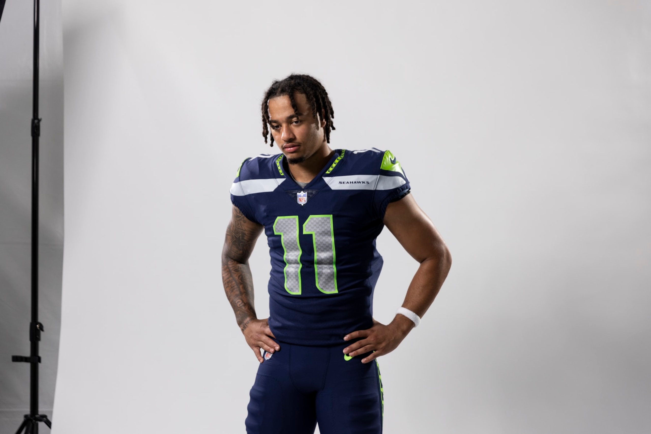 LOS ANGELES, CALIFORNIA - MAY 20: Jaxon Smith-Njigba #11 of the Seattle Seahawks poses for a portrait during the NFLPA Rookie Premiere on May 20, 2023 in Los Angeles, California. (Photo by Michael Owens/Getty Images) LOS ANGELES, CALIFORNIA - MAY 20: Jaxon Smith-Njigba #11 of the Seattle Seahawks poses for a portrait during the NFLPA Rookie Premiere on May 20, 2023 in Los Angeles, California. (Photo by Michael Owens/Getty Images)