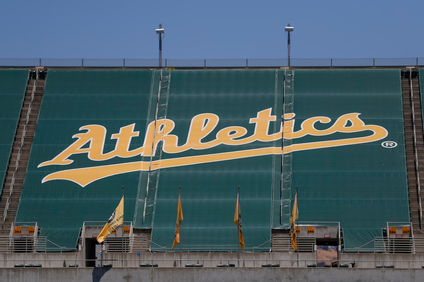 OAKLAND, CA - JULY 02: General view of an Athletics logo tarp covering seats during regular season game between the Chicago White Sox and Oakland Athletics on July 2, 2023, at RingCentral Coliseum in Oakland, CA. (Photo by Brandon Sloter/Icon Sportswire via Getty Images)