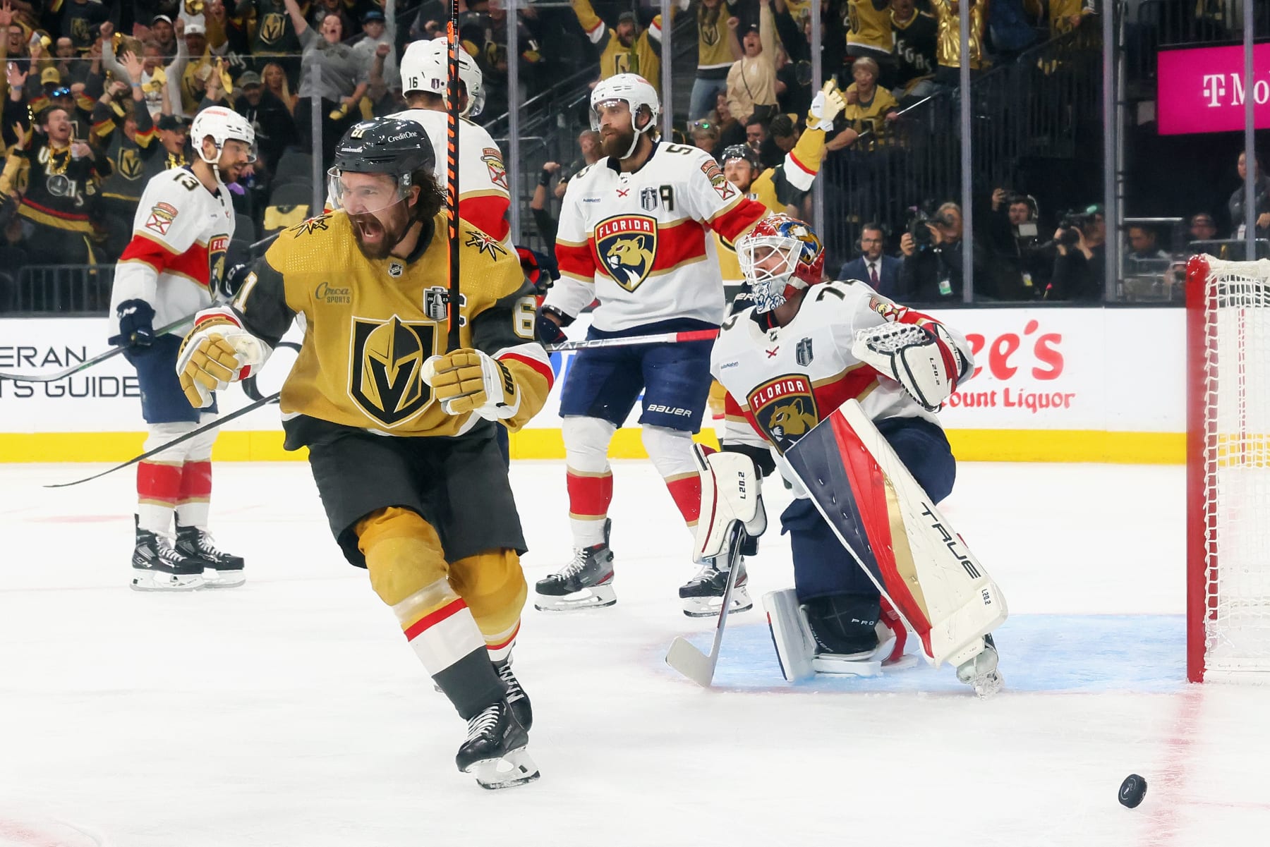 LAS VEGAS, NEVADA - JUNE 05: Mark Stone #61 of the Vegas Golden Knights celebrates his goal against Sergei Bobrovsky #72 of the Florida Panthers in Game Two of the 2023 NHL Stanley Cup Final at T-Mobile Arena on June 05, 2023 in Las Vegas, Nevada. (Photo by Bruce Bennett/Getty Images)