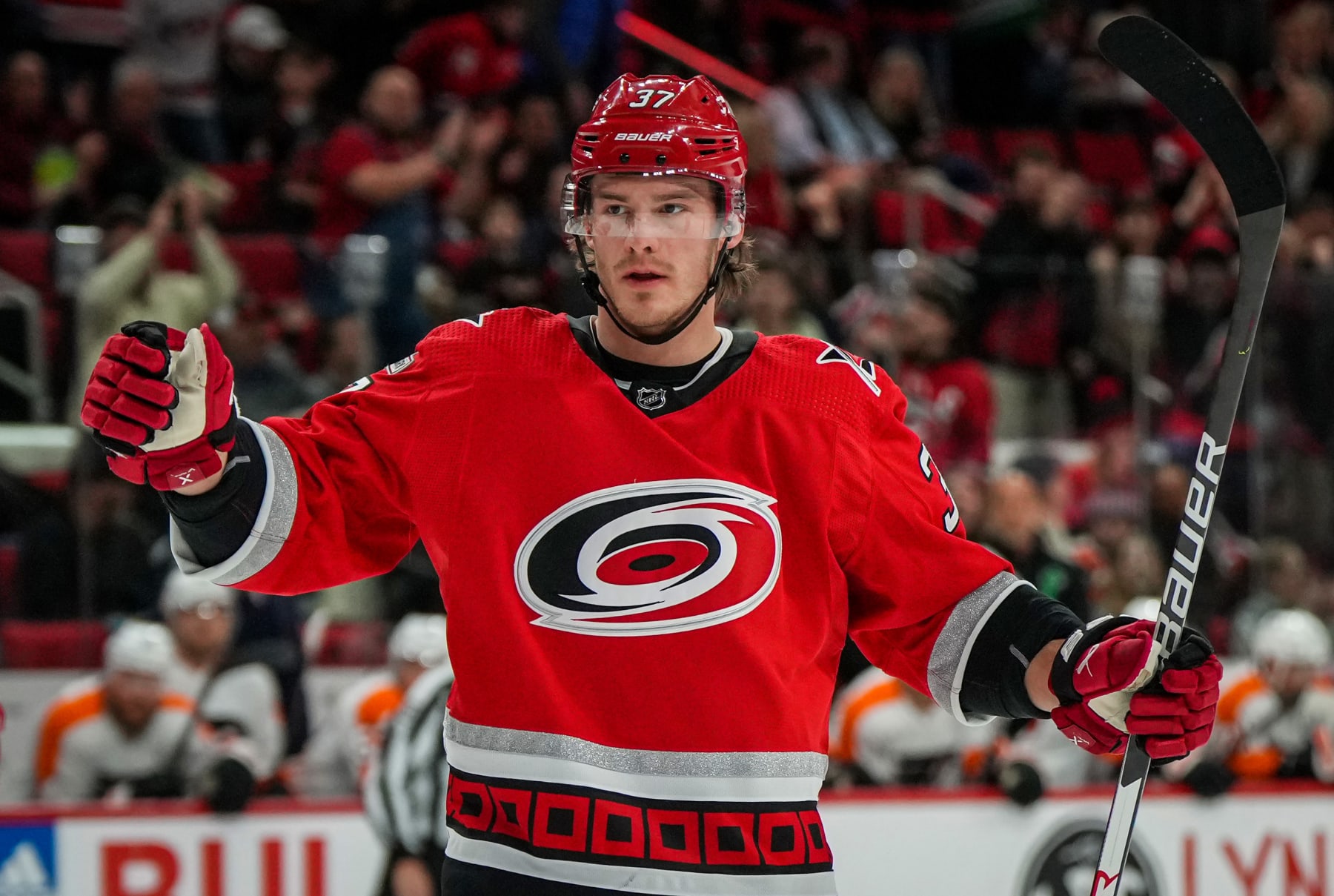 RALEIGH, NORTH CAROLINA - MARCH 09: Andrei Svechnikov #37 of the Carolina Hurricanes celebrates with teammates after a goal during the first period against the Philadelphia Flyers at PNC Arena on March 09, 2023 in Raleigh, North Carolina. (Photo by Josh Lavallee/NHLI via Getty Images)