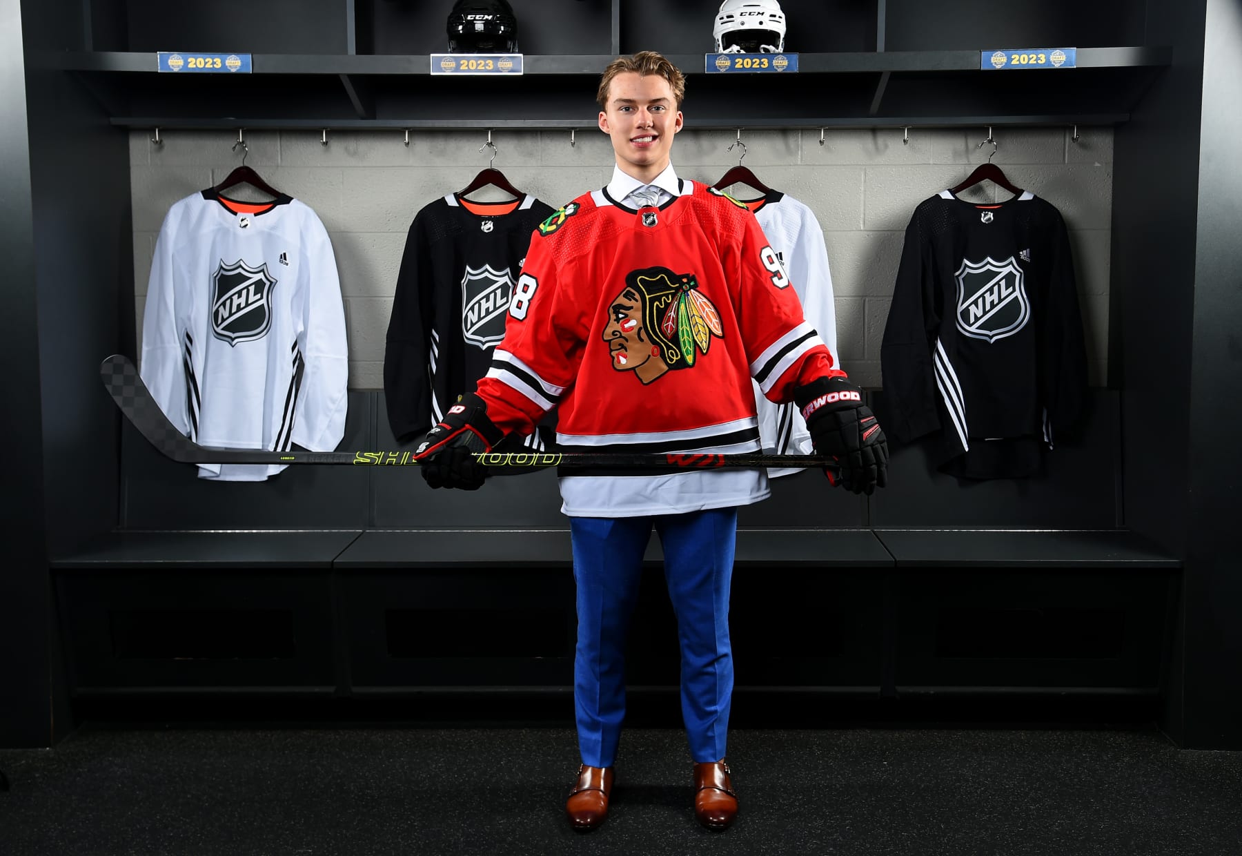 NASHVILLE, TENNESSEE - JUNE 28: Connor Bedard, first overall pick of the Chicago Blackhawks, poses for a portrait after being drafted in the 2023 Upper Deck NHL Draft at Bridgestone Arena on June 28, 2023 in Nashville, Tennessee. (Photo by Brian Babineau/NHLI via Getty Images)