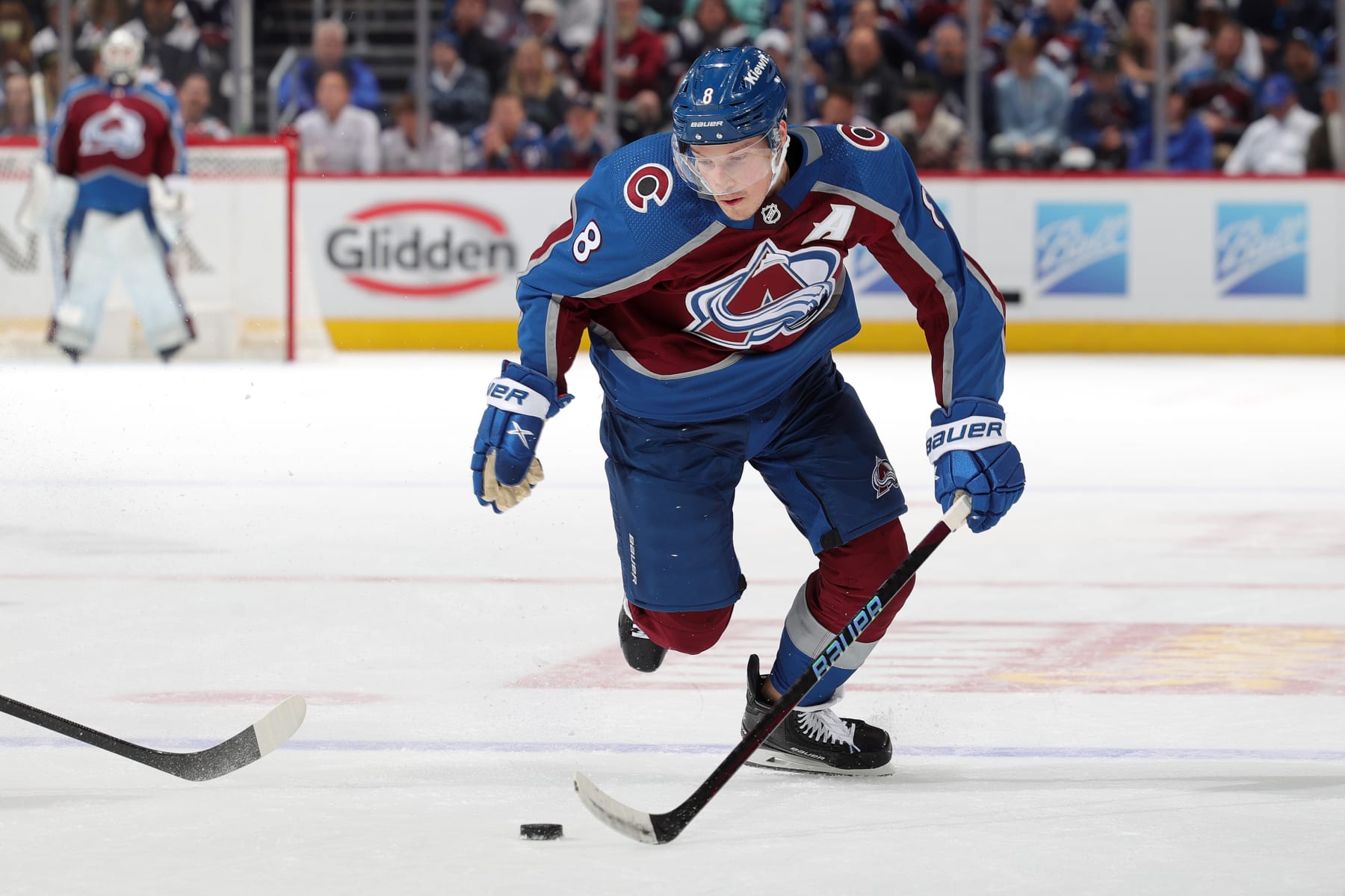 DENVER, COLORADO - APRIL 30: Cale Makar #8 of the Colorado Avalanche skates against the Seattle Kraken in Game Seven of the First Round of the 2023 Stanley Cup Playoffs at Ball Arena on April 30, 2023 in Denver, Colorado. (Photo by Michael Martin/NHLI via Getty Images)