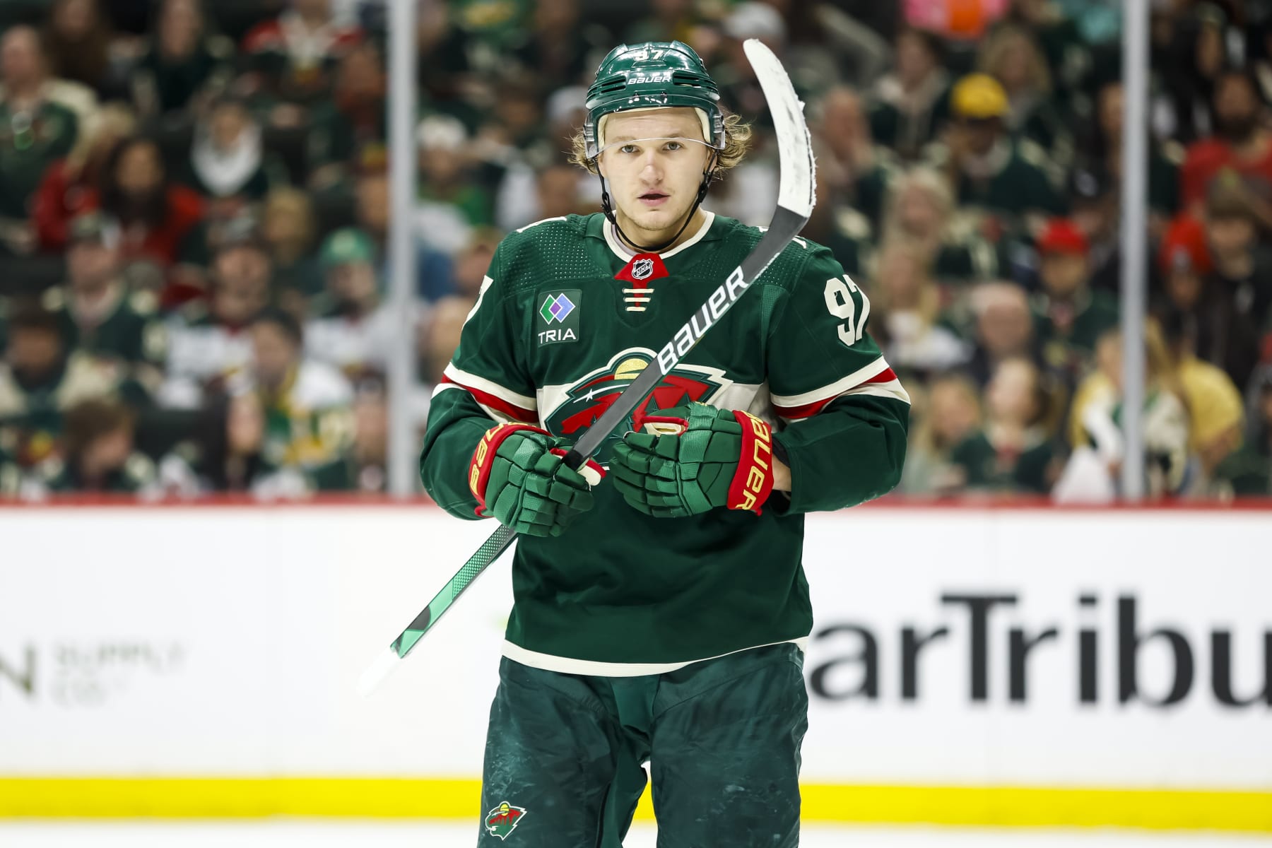 ST PAUL, MN - APRIL 28: Kirill Kaprizov #97 of the Minnesota Wild looks on against the Dallas Stars in the first period in Game Six of the First Round of the 2023 Stanley Cup Playoffs at Xcel Energy Center on April 28, 2023 in St Paul, Minnesota. The Stars defeated the Wild 4-1 to advance to the Second Round. (Photo by David Berding/Getty Images)