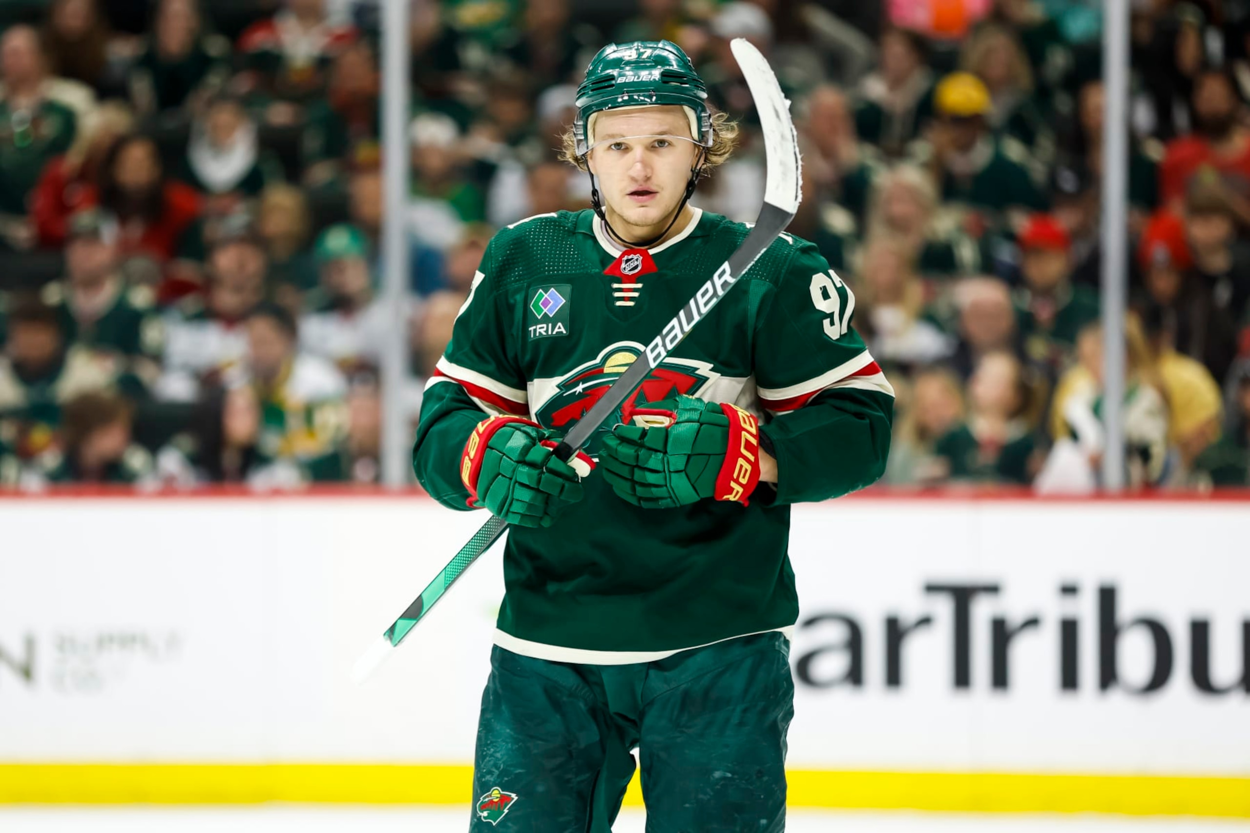 ST PAUL, MN - APRIL 28: Kirill Kaprizov #97 of the Minnesota Wild looks on against the Dallas Stars in the first period in Game Six of the First Round of the 2023 Stanley Cup Playoffs at Xcel Energy Center on April 28, 2023 in St Paul, Minnesota. The Stars defeated the Wild 4-1 to advance to the Second Round. (Photo by David Berding/Getty Images)