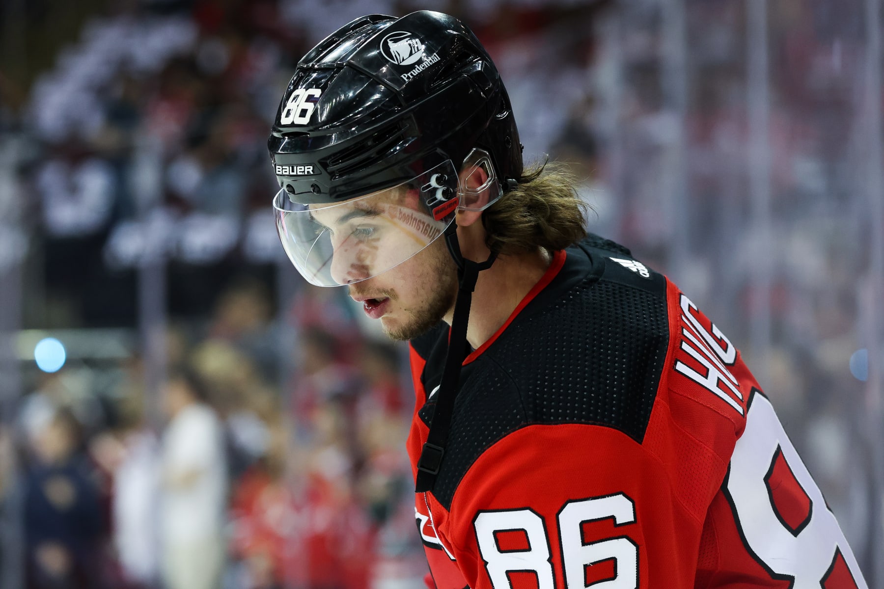 NEWARK, NJ - MAY 09: New Jersey Devils center Jack Hughes (86) warms up before Game 4 of an Eastern Conference Second Round playoff game between the Carolina Hurricanes and the New Jersey Devils on May 9, 2023, at Prudential Center in Newark, New Jersey. (Photo by Andrew Mordzynski/Icon Sportswire via Getty Images)
