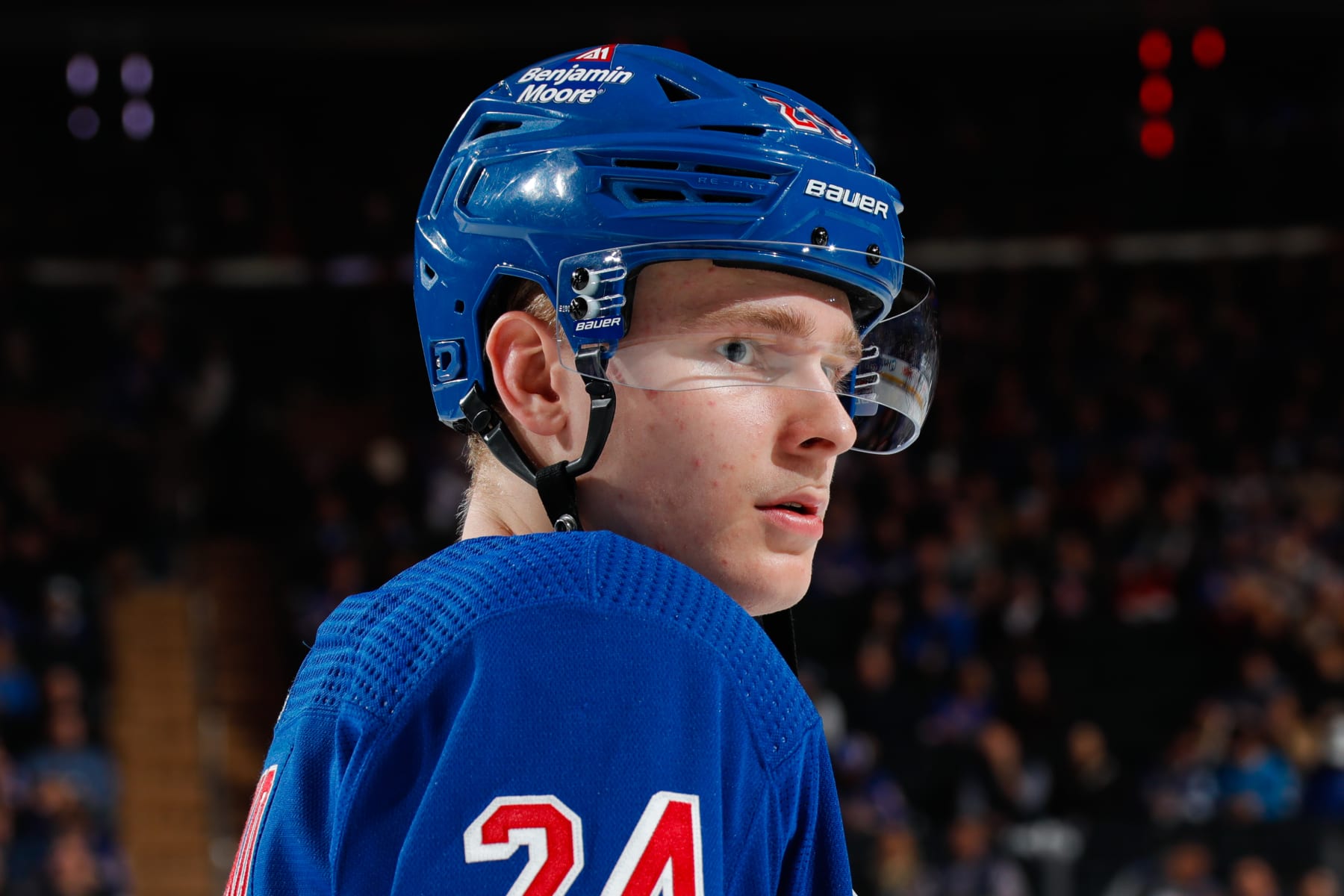 NEW YORK, NEW YORK - APRIL 05:  Kaapo Kakko #24 of the New York Rangers looks on against the Tampa Bay Lightning at Madison Square Garden on April 5, 2023 in New York City. (Photo by Jared Silber/NHLI via Getty Images)
