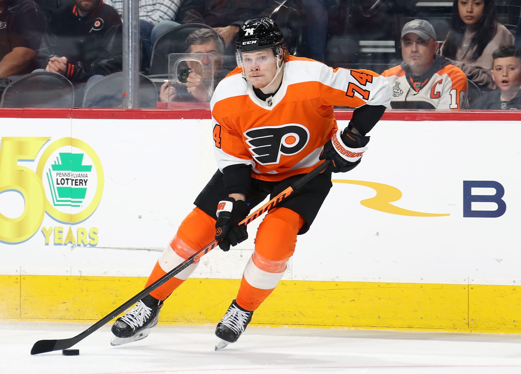 PHILADELPHIA, PENNSYLVANIA - APRIL 11:  Owen Tippett #74 of the Philadelphia Flyers skates the puck against the Columbus Blue Jackets at the Wells Fargo Center on April 11, 2023 in Philadelphia, Pennsylvania.  (Photo by Len Redkoles/NHLI via Getty Images)