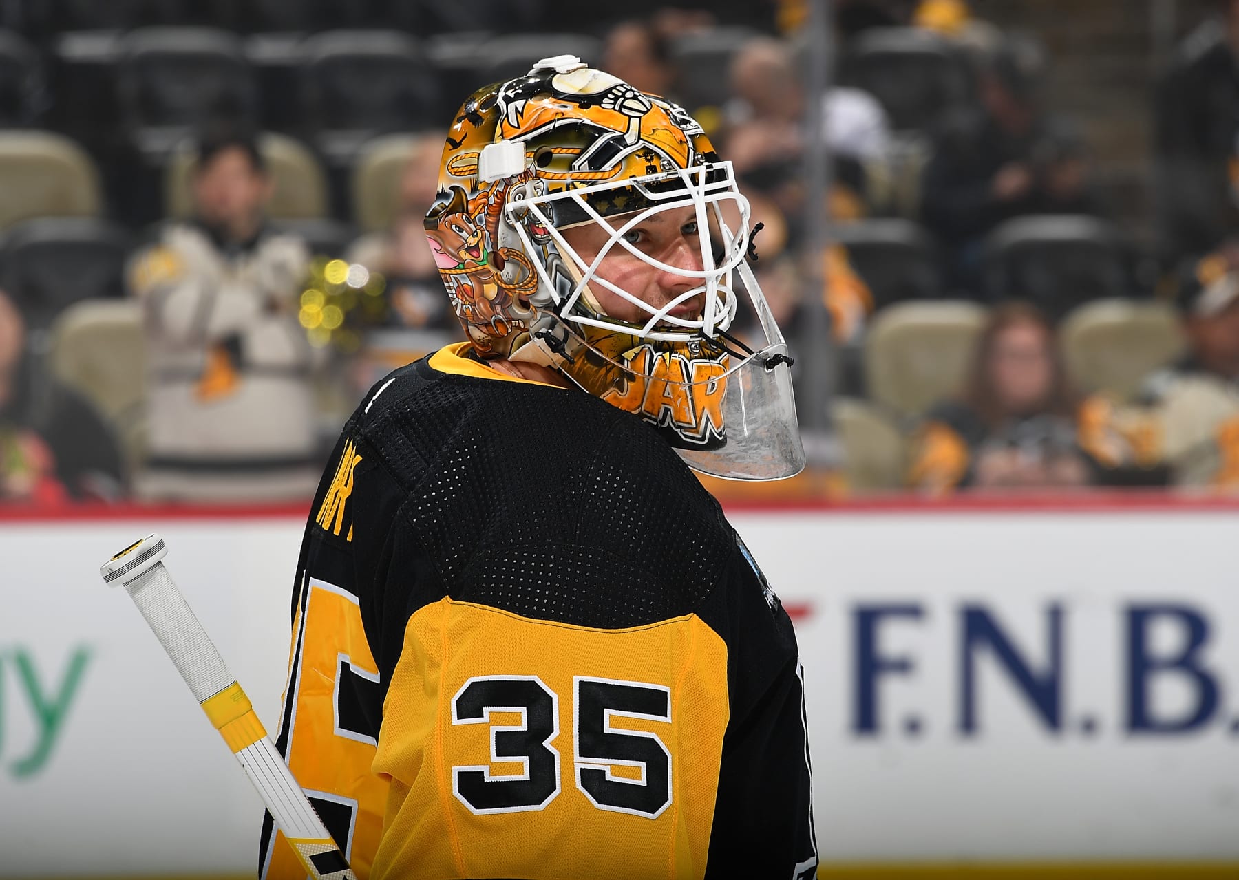 PITTSBURGH, PA - APRIL 11:  Tristan Jarry #35 of the Pittsburgh Penguins warms up prior to the game against the Chicago Blackhawks at PPG PAINTS Arena on April 11, 2023 in Pittsburgh, Pennsylvania. (Photo by Joe Sargent/NHLI via Getty Images)