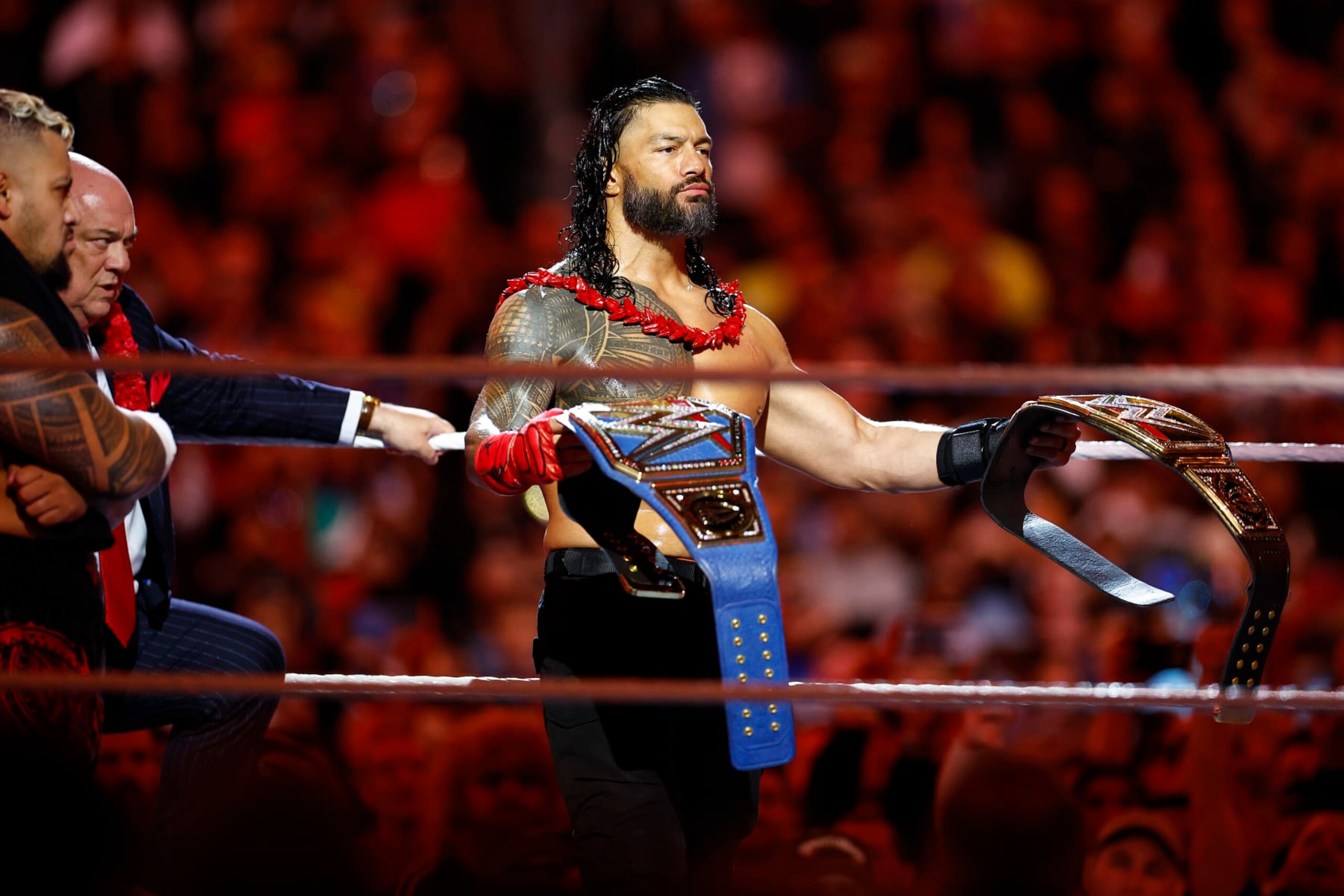 INGLEWOOD, CALIFORNIA - APRIL 02:  (L-R) Cody Rhodes wrestles Roman Reigns for Undisputed WWE Universal Title Match during WrestleMania Goes Hollywood at SoFi Stadium on April 02, 2023 in Inglewood, California.
 (Photo by Ronald Martinez/Getty Images)