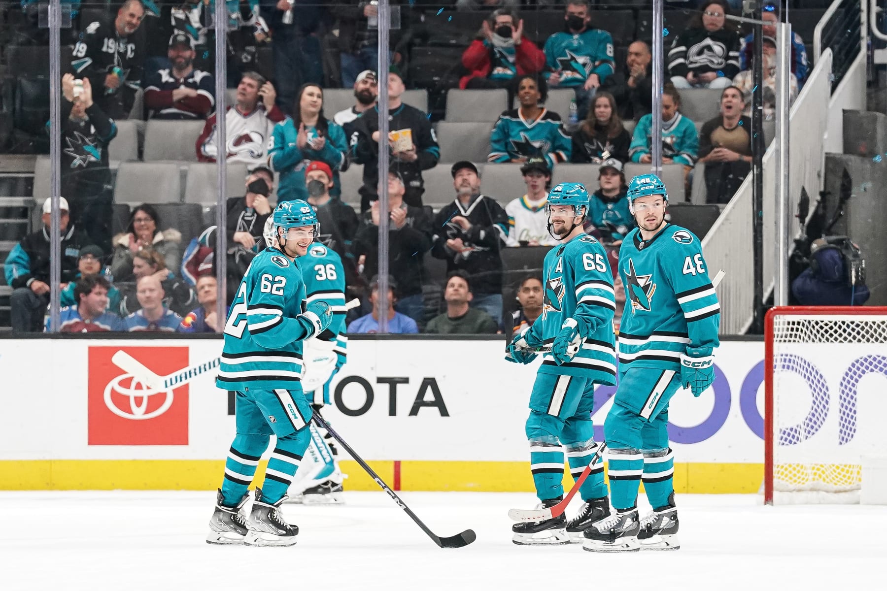 SAN JOSE, CA - APRIL 6: Erik Karlsson #65, Kevin Labanc #62 and Tomas Hertl #48 of the San Jose Sharks celebrate scoring a goal in the first period against the Colorado Avalanche at SAP Center on April 6, 2023 in San Jose, California. (Photo by Kavin Mistry/NHLI via Getty Images)