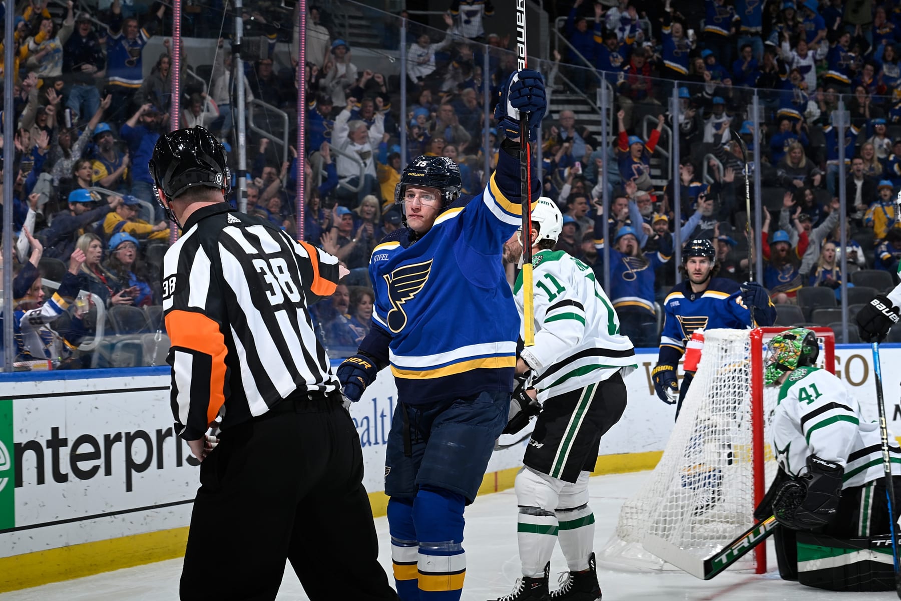 ST. LOUIS, MO - APRIL 12: Jakub Vrana #15 of the St. Louis Blues reacts after scoring a goal against the Dallas Stars at the Enterprise Center on April 12, 2023 in St. Louis, Missouri. (Photo by Joe Puetz/NHLI via Getty Images)