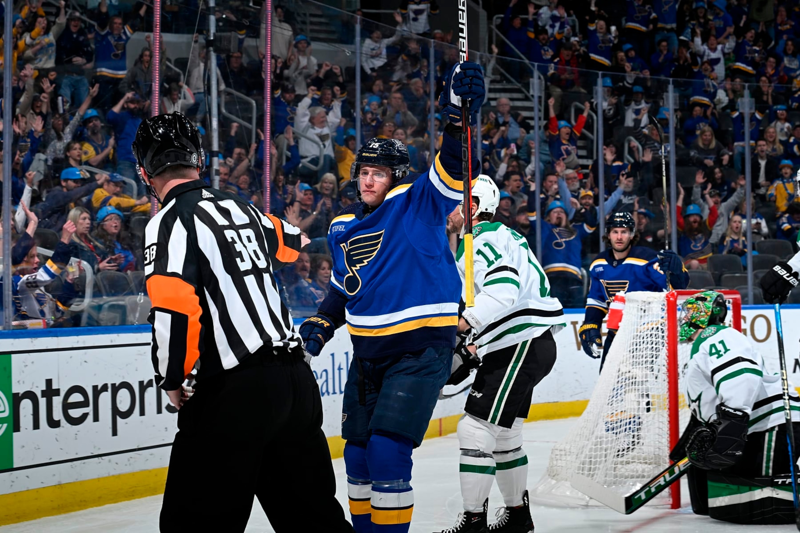 ST. LOUIS, MO - APRIL 12: Jakub Vrana #15 of the St. Louis Blues reacts after scoring a goal against the Dallas Stars at the Enterprise Center on April 12, 2023 in St. Louis, Missouri. (Photo by Joe Puetz/NHLI via Getty Images)