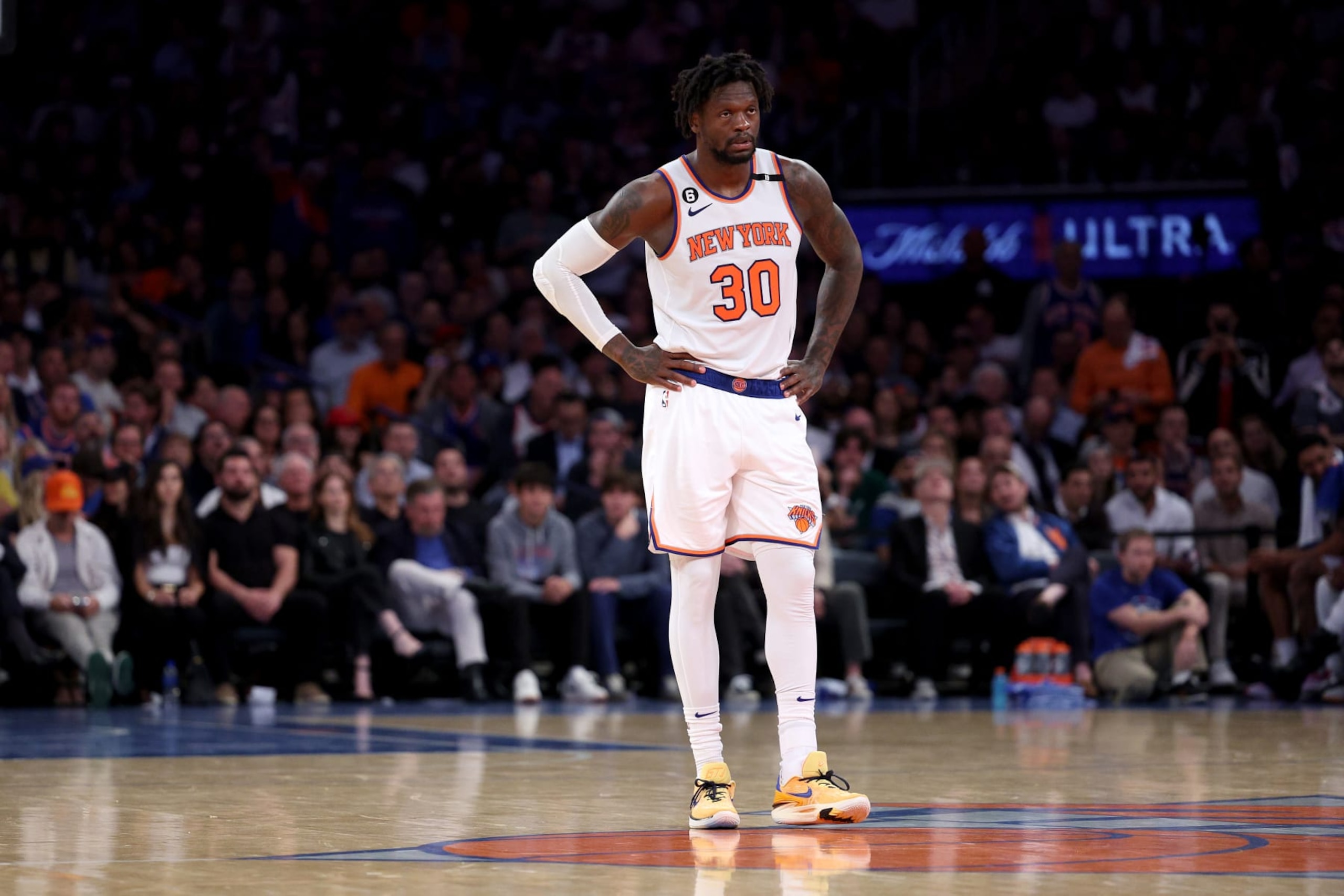 NEW YORK, NEW YORK - MAY 10: Julius Randle #30 of the New York Knicks reacts against the Miami Heat during the fourth quarter in game five of the Eastern Conference Semifinals in the 2023 NBA Playoffs at Madison Square Garden on May 10, 2023 in New York City. NOTE TO USER: User expressly acknowledges and agrees that, by downloading and or using this photograph, User is consenting to the terms and conditions of the Getty Images License Agreement. (Photo by Elsa/Getty Images)