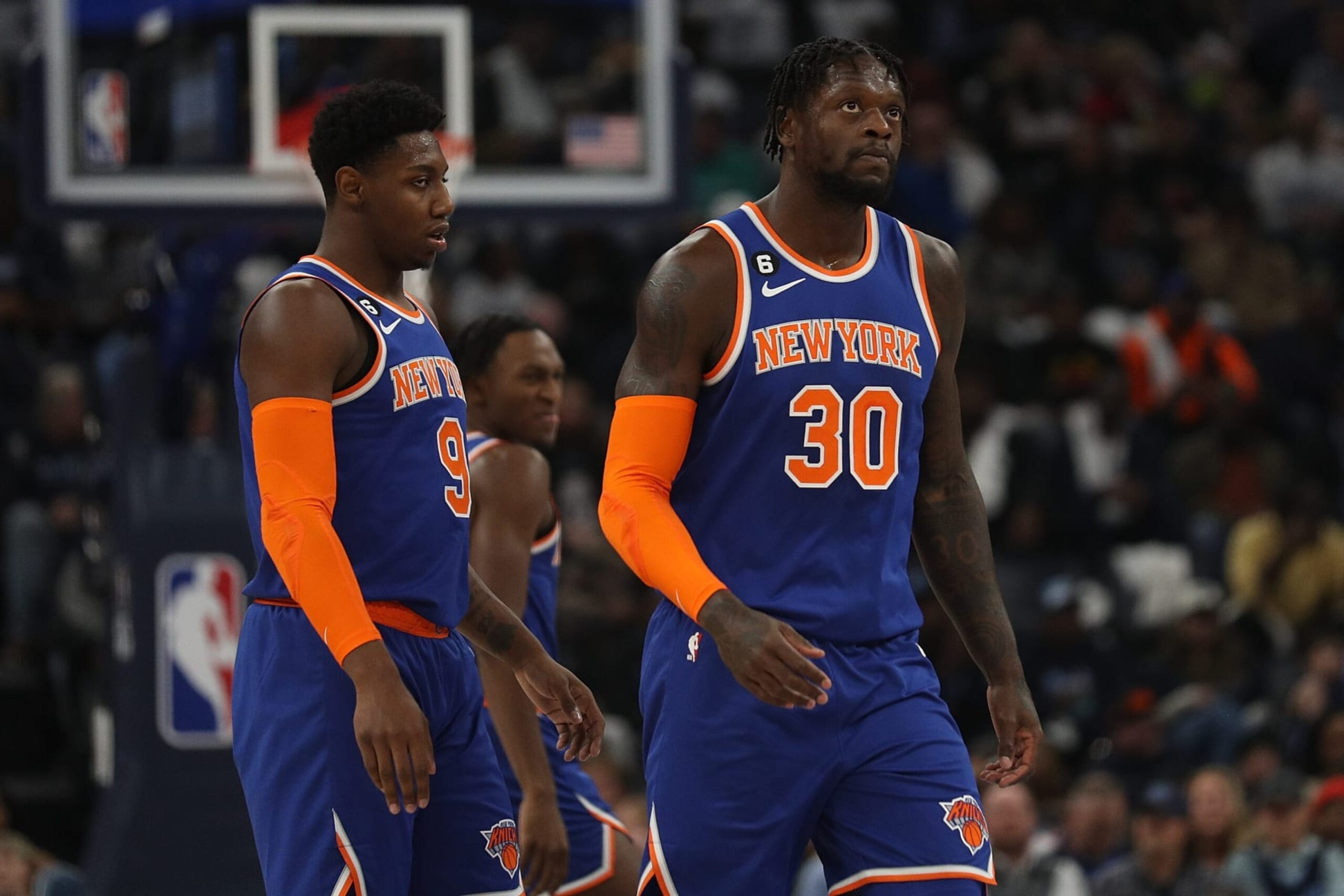 MEMPHIS, TENNESSEE - OCTOBER 19: Julius Randle #30 of the New York Knicks looks on during the game against the Memphis Grizzlies at FedExForum on October 19, 2022 in Memphis, Tennessee. NOTE TO USER: User expressly acknowledges and agrees that, by downloading and or using this photograph, User is consenting to the terms and conditions of the Getty Images License Agreement. (Photo by Justin Ford/Getty Images)