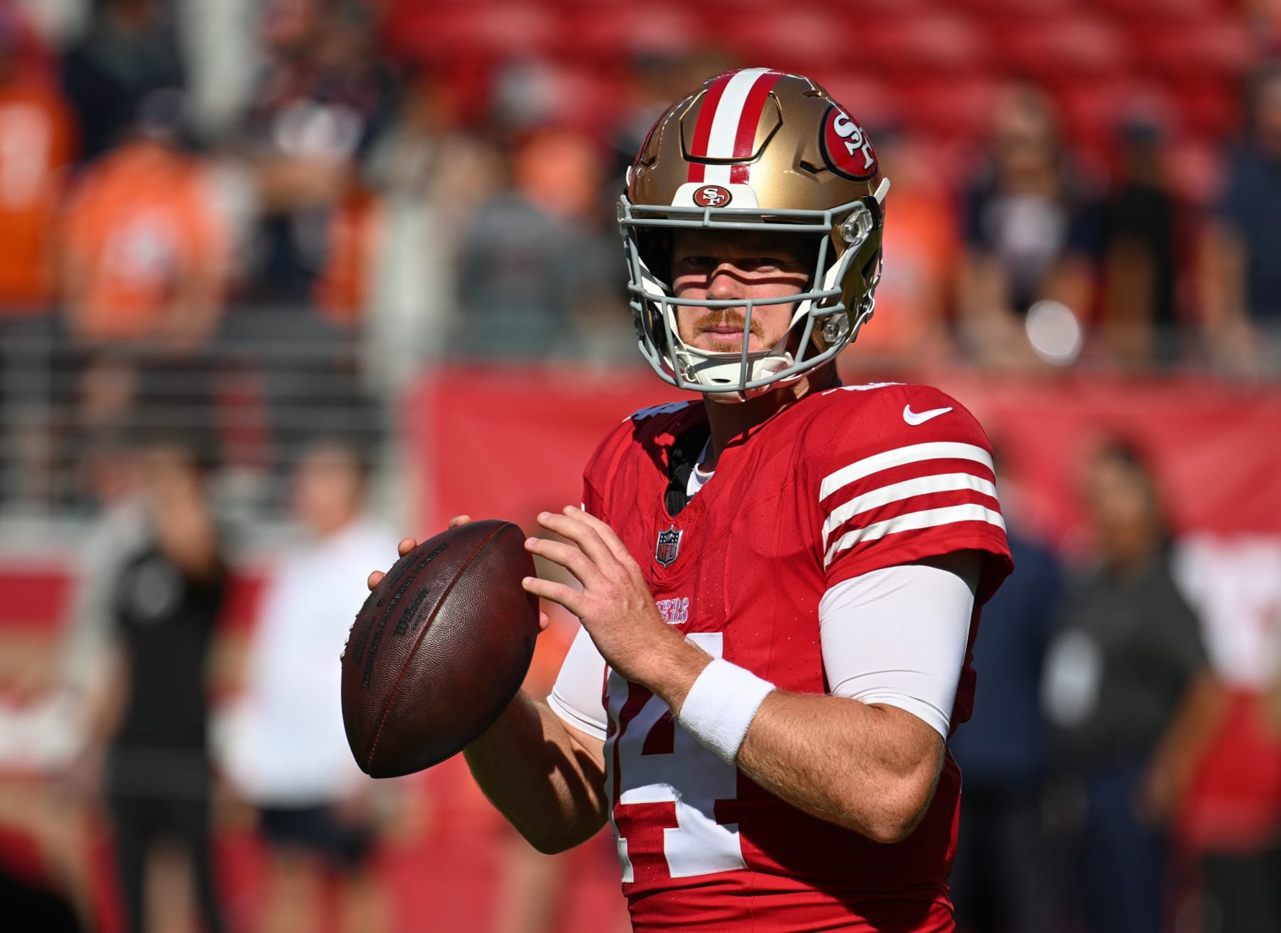 SANTA CLARA, CALIFORNIA - AUGUST 19: Sam Darnold #14 of the San Francisco 49ers warms up before playing the Denver Broncos in a preseason game at Levi's Stadium on August 19, 2023 in Santa Clara, California. (Photo by Loren Elliott/Getty Images)
