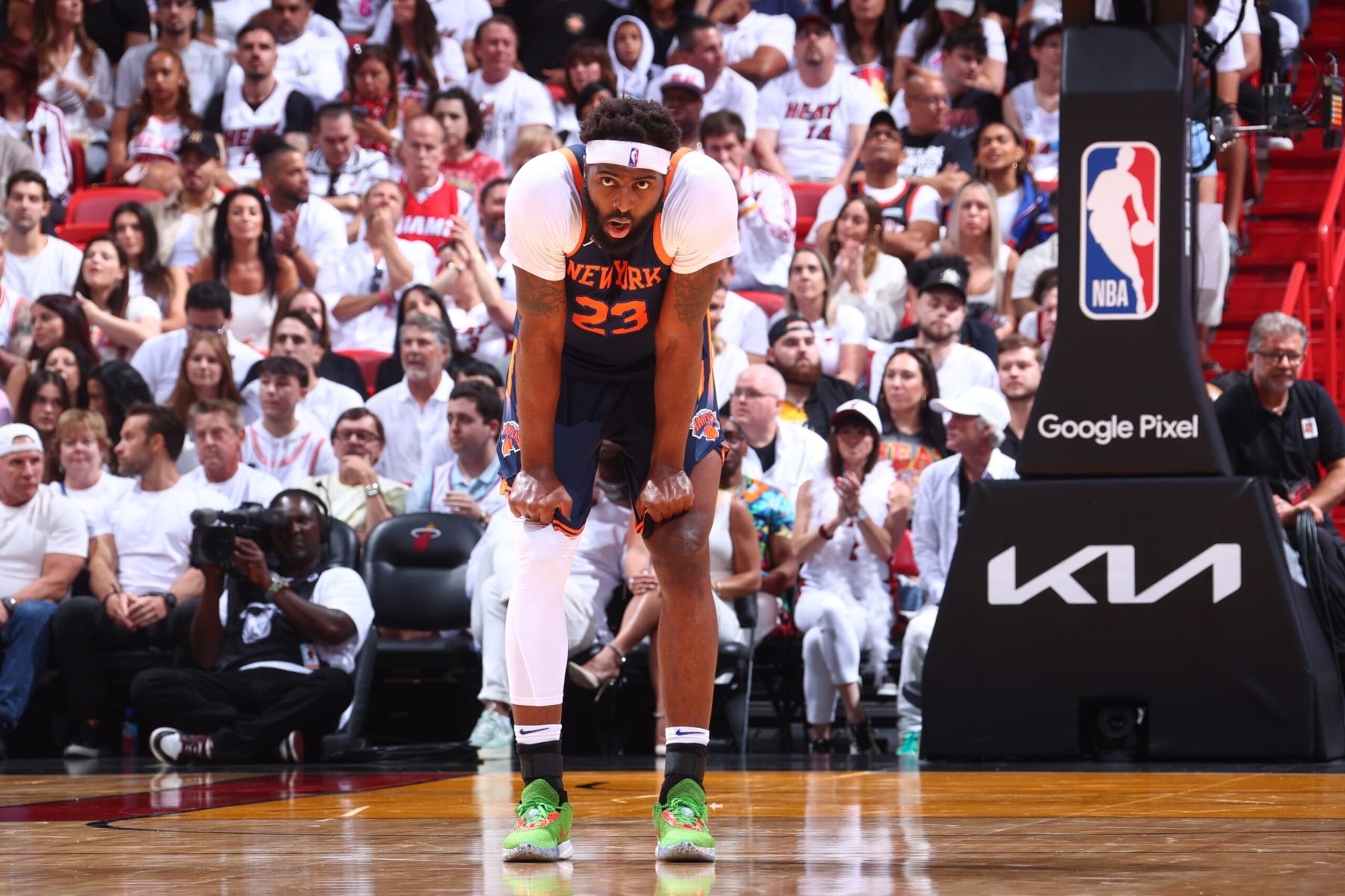 MIAMI, FL - MAY 6: Mitchell Robinson #23 of the New York Knicks looks on during Game Three of the Eastern Conference Semi-Finals of the 2023 NBA Playoffs against the Miami Heat on May 6, 2023 at Miami-Dade Arena in Miami, Florida. NOTE TO USER: User expressly acknowledges and agrees that, by downloading and or using this Photograph, user is consenting to the terms and conditions of the Getty Images License Agreement. Mandatory Copyright Notice: Copyright 2023 NBAE (Photo by Nathaniel S. Butler/NBAE via Getty Images)