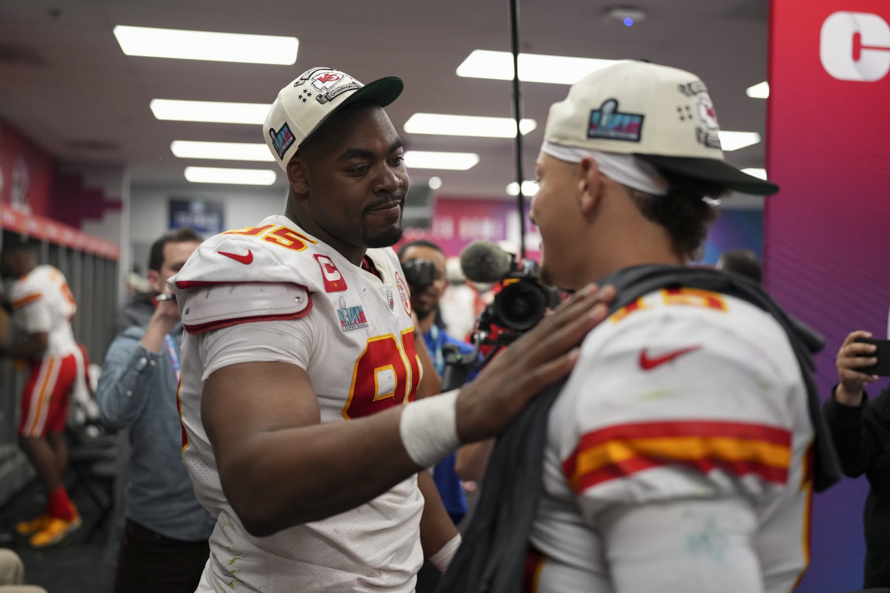 GLENDALE, AZ - FEBRUARY 12: Patrick Mahomes #15 of the Kansas City Chiefs celebrates with Chris Jones #95 after Super Bowl LVII against the Philadelphia Eagles at State Farm Stadium on February 12, 2023 in Glendale, Arizona. The Chiefs defeated the Eagles 38-35. (Photo by Cooper Neill/Getty Images)