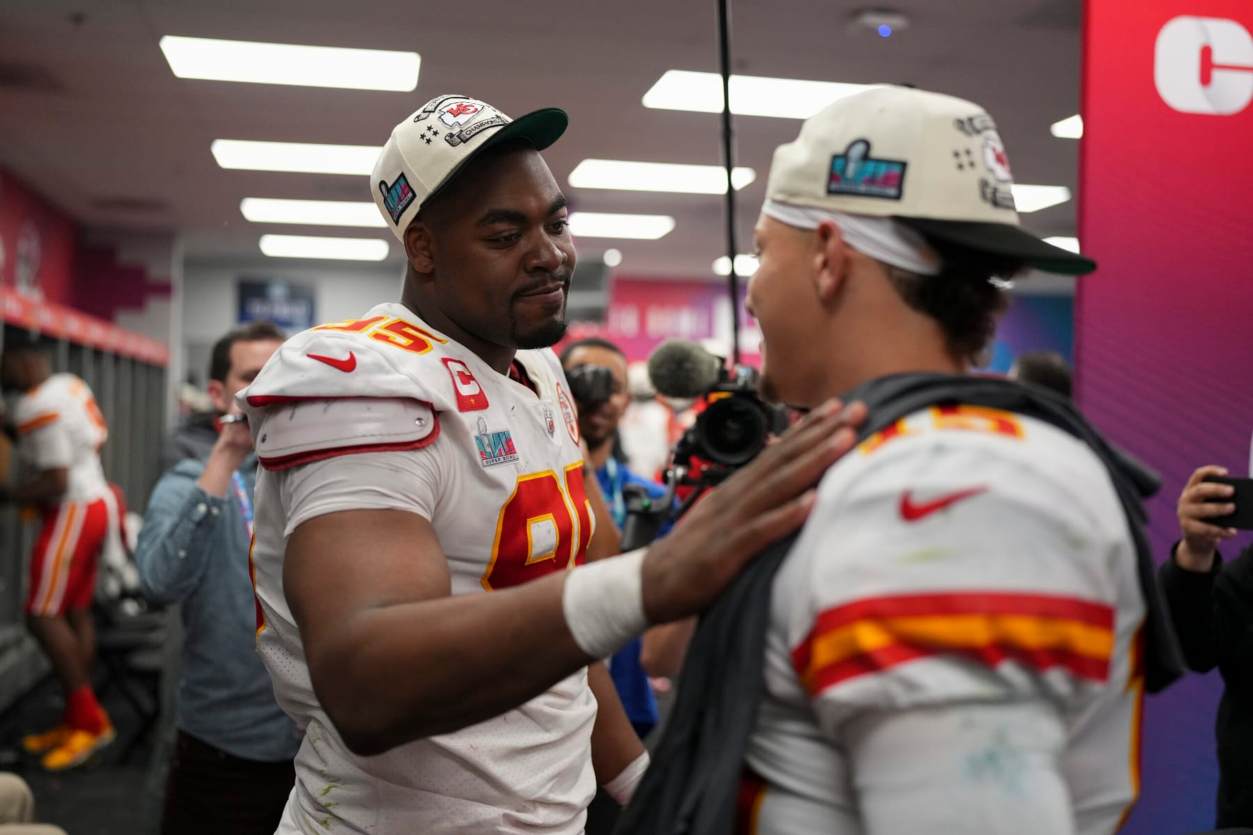GLENDALE, AZ - FEBRUARY 12: Patrick Mahomes #15 of the Kansas City Chiefs celebrates with Chris Jones #95 after Super Bowl LVII against the Philadelphia Eagles at State Farm Stadium on February 12, 2023 in Glendale, Arizona. The Chiefs defeated the Eagles 38-35. (Photo by Cooper Neill/Getty Images)