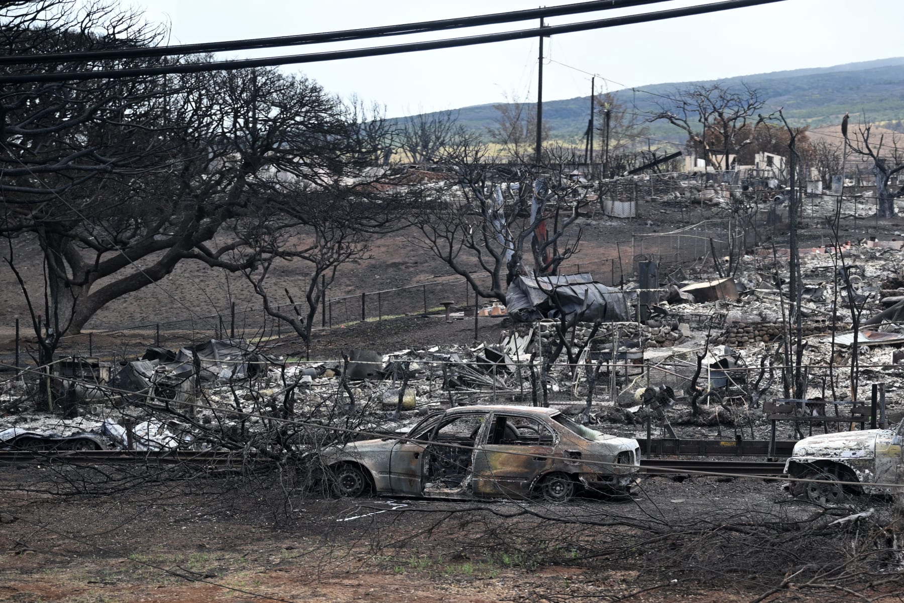 Fire damage is seen from US President Joe Biden's motorcade in Lahaina, Hawaii, on August 21, 2023. The Bidens are expected to meet with first responders, survivors, and local officials following deadly wildfires in Maui. (Photo by Mandel NGAN / AFP) (Photo by MANDEL NGAN/AFP via Getty Images)