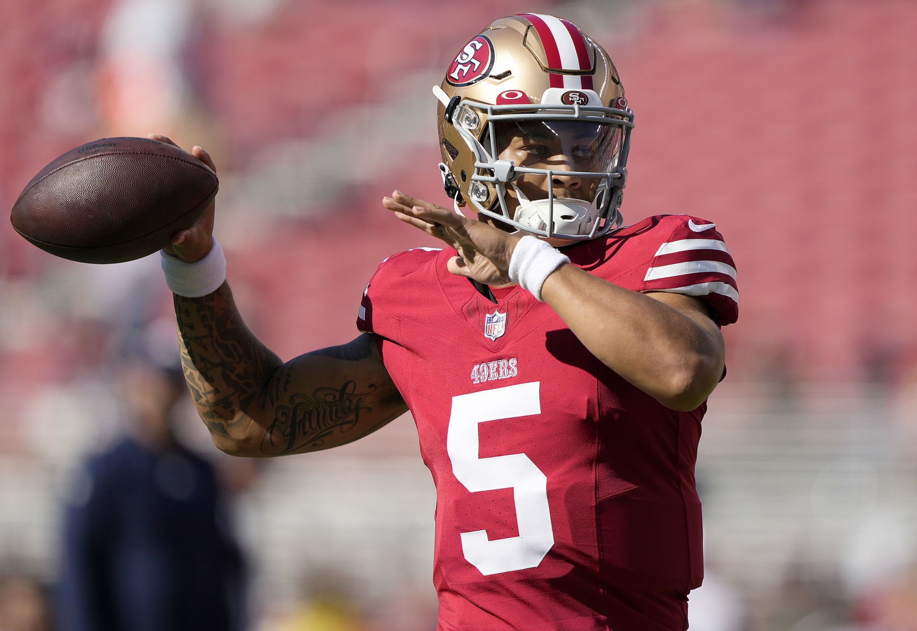 SANTA CLARA, CALIFORNIA - AUGUST 19: Trey Lance #5 of the San Francisco 49ers warms up during pregame warm ups prior to playing the Denver Broncos at Levi's Stadium on August 19, 2023 in Santa Clara, California. (Photo by Thearon W. Henderson/Getty Images)