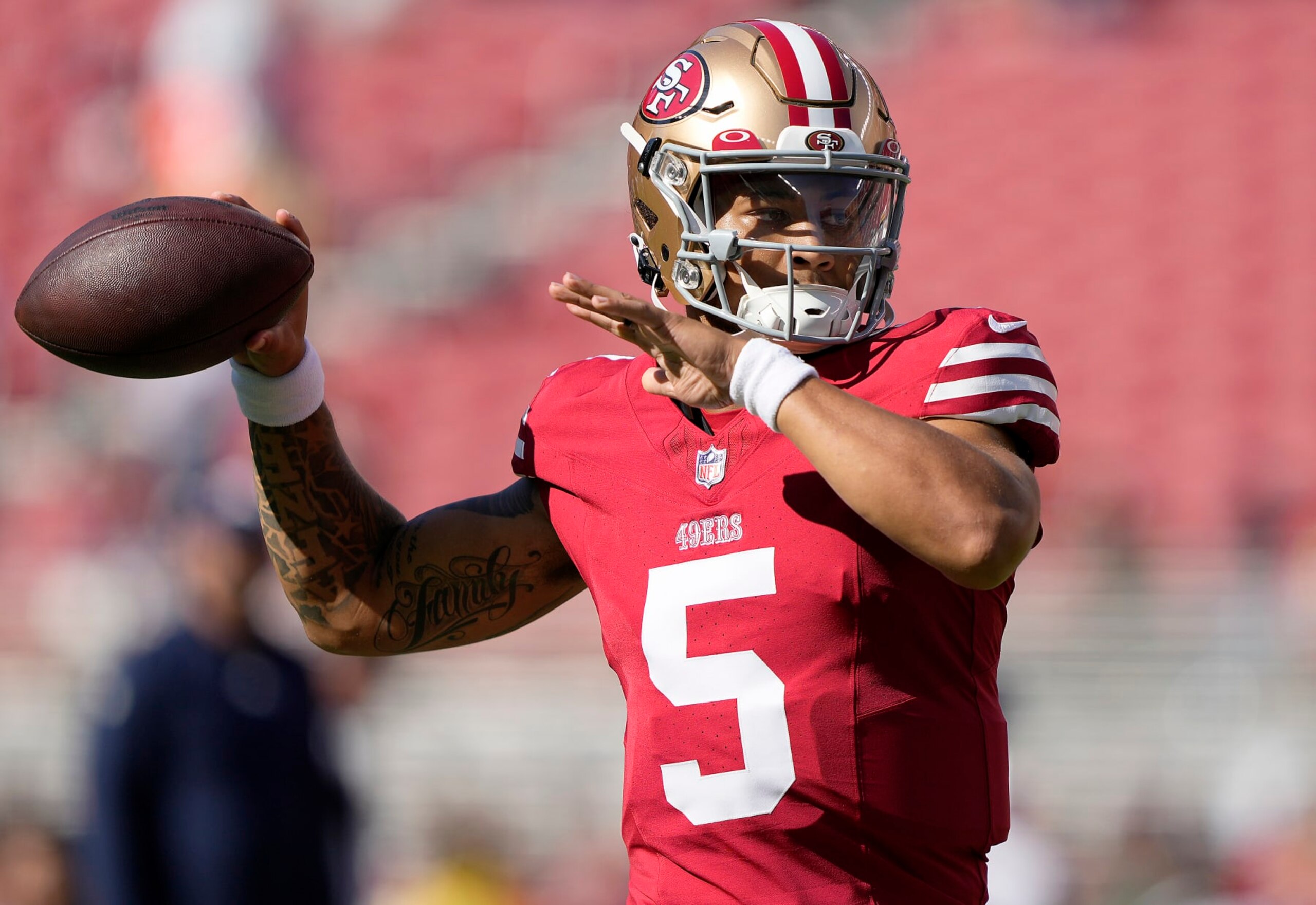 SANTA CLARA, CALIFORNIA - AUGUST 19: Trey Lance #5 of the San Francisco 49ers warms up during pregame warm ups prior to playing the Denver Broncos at Levi's Stadium on August 19, 2023 in Santa Clara, California. (Photo by Thearon W. Henderson/Getty Images) SANTA CLARA, CALIFORNIA - AUGUST 19: Trey Lance #5 of the San Francisco 49ers warms up during pregame warm ups prior to playing the Denver Broncos at Levi's Stadium on August 19, 2023 in Santa Clara, California. (Photo by Thearon W. Henderson/Getty Images)