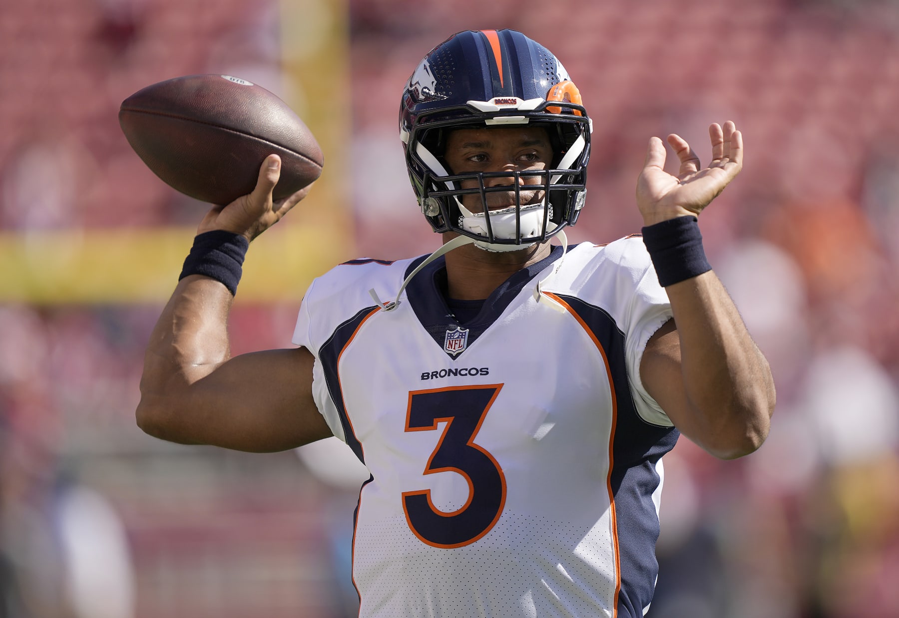 SANTA CLARA, CALIFORNIA - AUGUST 19: Russell Wilson #3 of the Denver Broncos warms up during pregame warm ups prior to playing the San Francisco 49ers at Levi's Stadium on August 19, 2023 in Santa Clara, California. (Photo by Thearon W. Henderson/Getty Images)