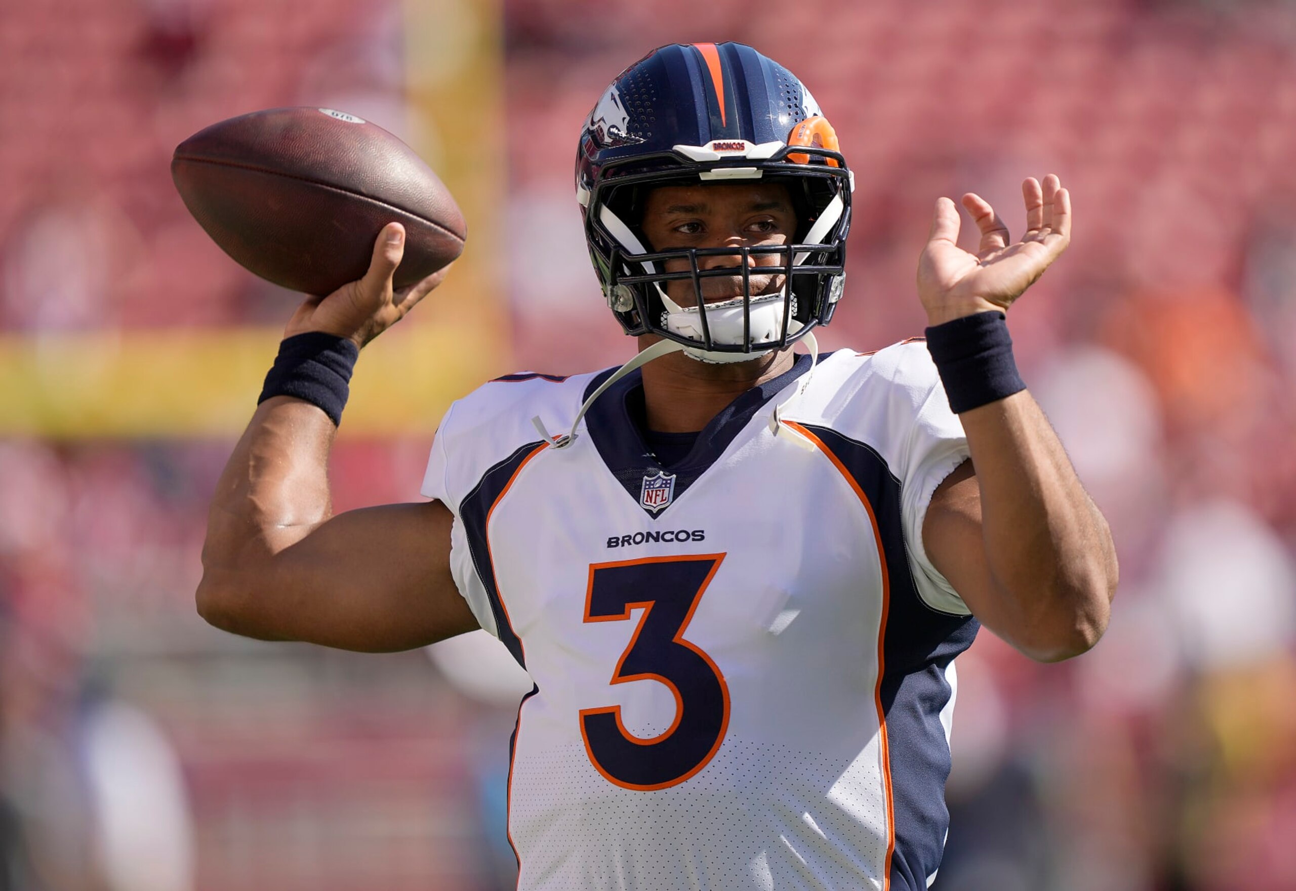 SANTA CLARA, CALIFORNIA - AUGUST 19: Russell Wilson #3 of the Denver Broncos warms up during pregame warm ups prior to playing the San Francisco 49ers at Levi's Stadium on August 19, 2023 in Santa Clara, California. (Photo by Thearon W. Henderson/Getty Images)