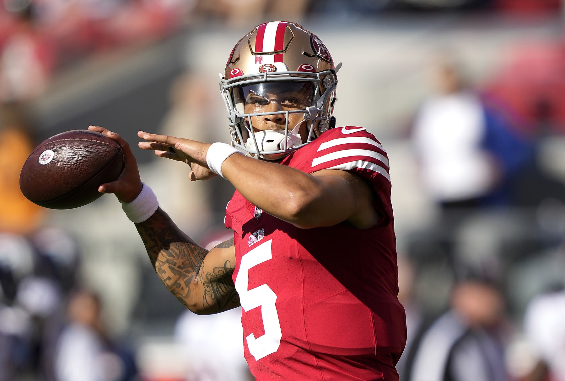 SANTA CLARA, CALIFORNIA - AUGUST Trey Lance #5 of the San Francisco 49ers warms up during pregame warm ups prior to playing the Denver Broncos at Levi's Stadium on August 19, 2023 in Santa Clara, California. (Photo by Thearon W. Henderson/Getty Images)