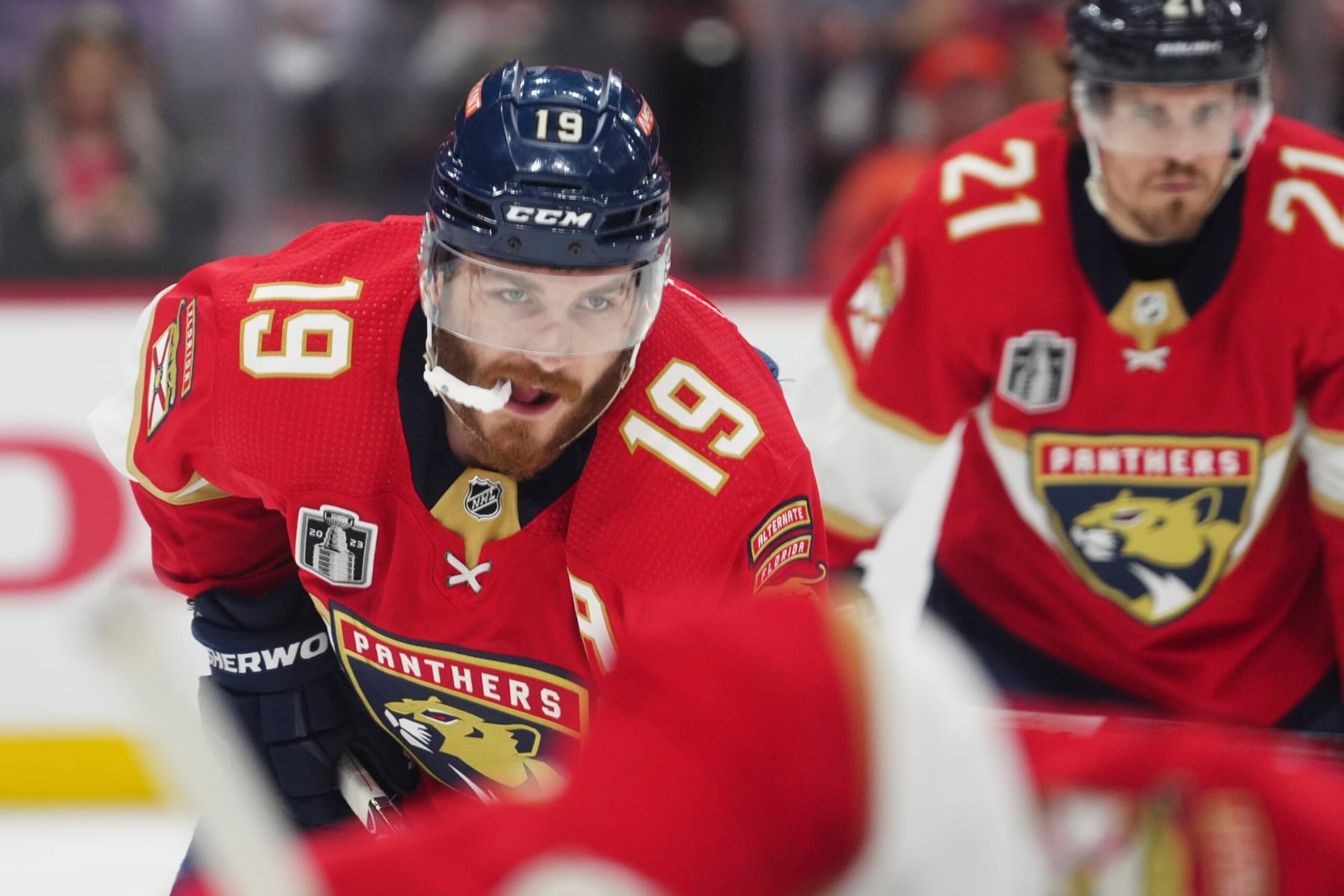 SUNRISE, FL - JUNE 08: Florida Panthers left wing Matthew Tkachuk (19) and Florida Panthers center Nick Cousins (21) wait for a face-off in the second period during game three of the Stanley Cup Final between the Vegas Golden Knights and the Florida Panthers on Thursday, June 8, 2023 at FLA Live Arena, Sunrise, Fla. (Photo by Peter Joneleit/Icon Sportswire via Getty Images) SUNRISE, FL - JUNE 08: Florida Panthers left wing Matthew Tkachuk (19) and Florida Panthers center Nick Cousins (21) wait for a face-off in the second period during game three of the Stanley Cup Final between the Vegas Golden Knights and the Florida Panthers on Thursday, June 8, 2023 at FLA Live Arena, Sunrise, Fla. (Photo by Peter Joneleit/Icon Sportswire via Getty Images)
