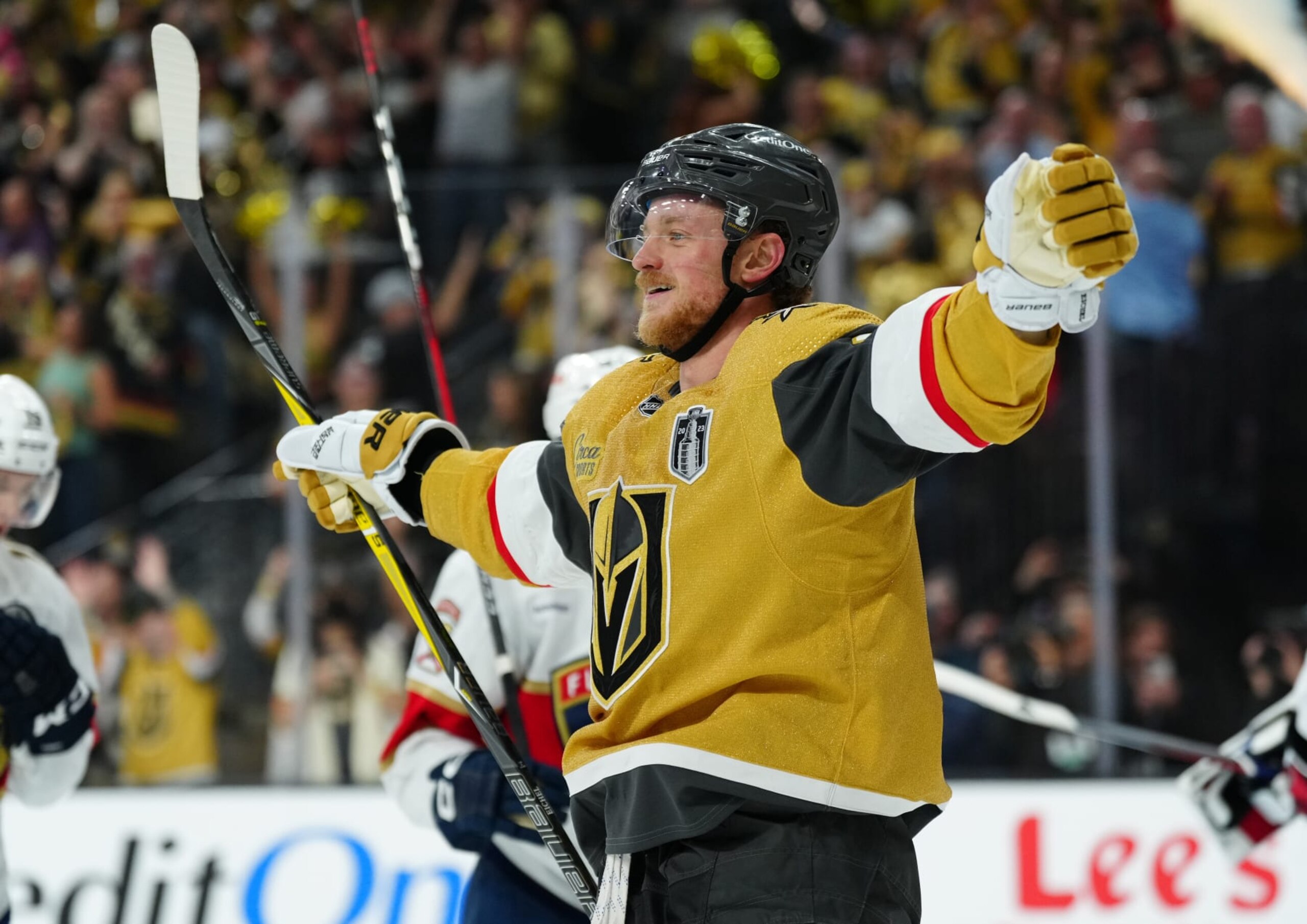 LAS VEGAS, NEVADA - JUNE 13: Jack Eichel #9 of the Vegas Golden Knights celebrates a goal during the third period against the Florida Panthers in Game Five of the 2023 NHL Stanley Cup Final at T-Mobile Arena on June 13, 2023 in Las Vegas, Nevada. (Photo by Jeff Bottari/NHLI via Getty Images) LAS VEGAS, NEVADA - JUNE 13: Jack Eichel #9 of the Vegas Golden Knights celebrates a goal during the third period against the Florida Panthers in Game Five of the 2023 NHL Stanley Cup Final at T-Mobile Arena on June 13, 2023 in Las Vegas, Nevada. (Photo by Jeff Bottari/NHLI via Getty Images)