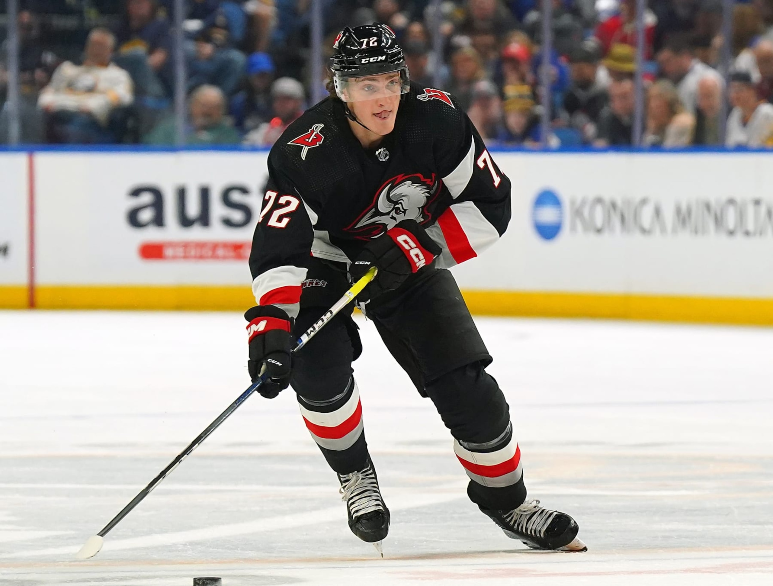 BUFFALO, NY - APRIL 13: Tage Thompson #72 of the Buffalo Sabres during the game against the Ottawa Senators at KeyBank Center on April 13, 2023 in Buffalo, New York. (Photo by Kevin Hoffman/Getty Images) BUFFALO, NY - APRIL 13: Tage Thompson #72 of the Buffalo Sabres during the game against the Ottawa Senators at KeyBank Center on April 13, 2023 in Buffalo, New York. (Photo by Kevin Hoffman/Getty Images)