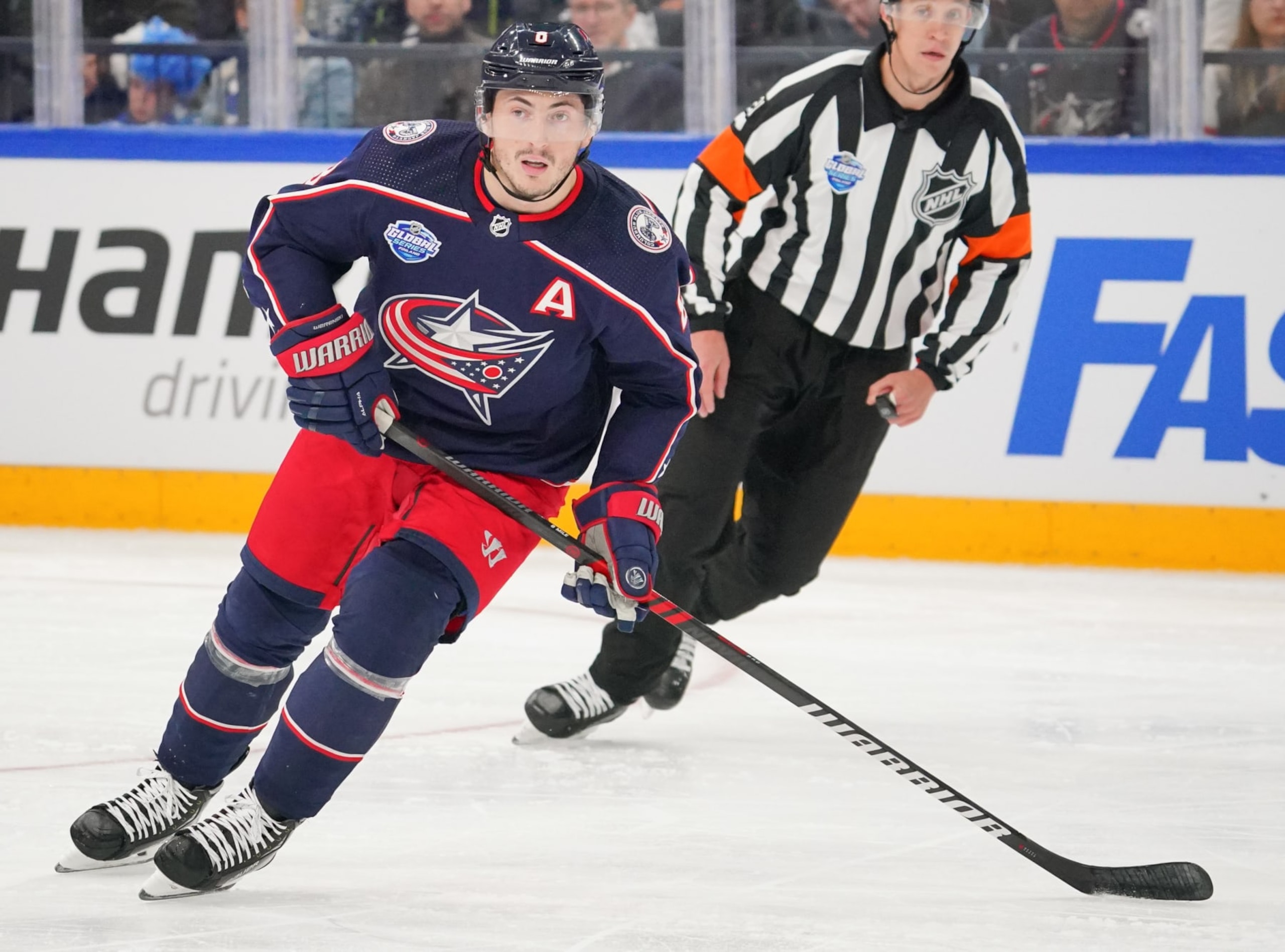 TAMPERE, FINLAND - NOVEMBER 5: Zach Werenski #8 skates against the Colorado Avalanche during the 2022 NHL Global Series Finland at Nokia Arena on November 5, 2022 in Tampere, Finland. (Photo by André Ringuette/NHLI via Getty Images) TAMPERE, FINLAND - NOVEMBER 5: Zach Werenski #8 skates against the Colorado Avalanche during the 2022 NHL Global Series Finland at Nokia Arena on November 5, 2022 in Tampere, Finland. (Photo by André Ringuette/NHLI via Getty Images)