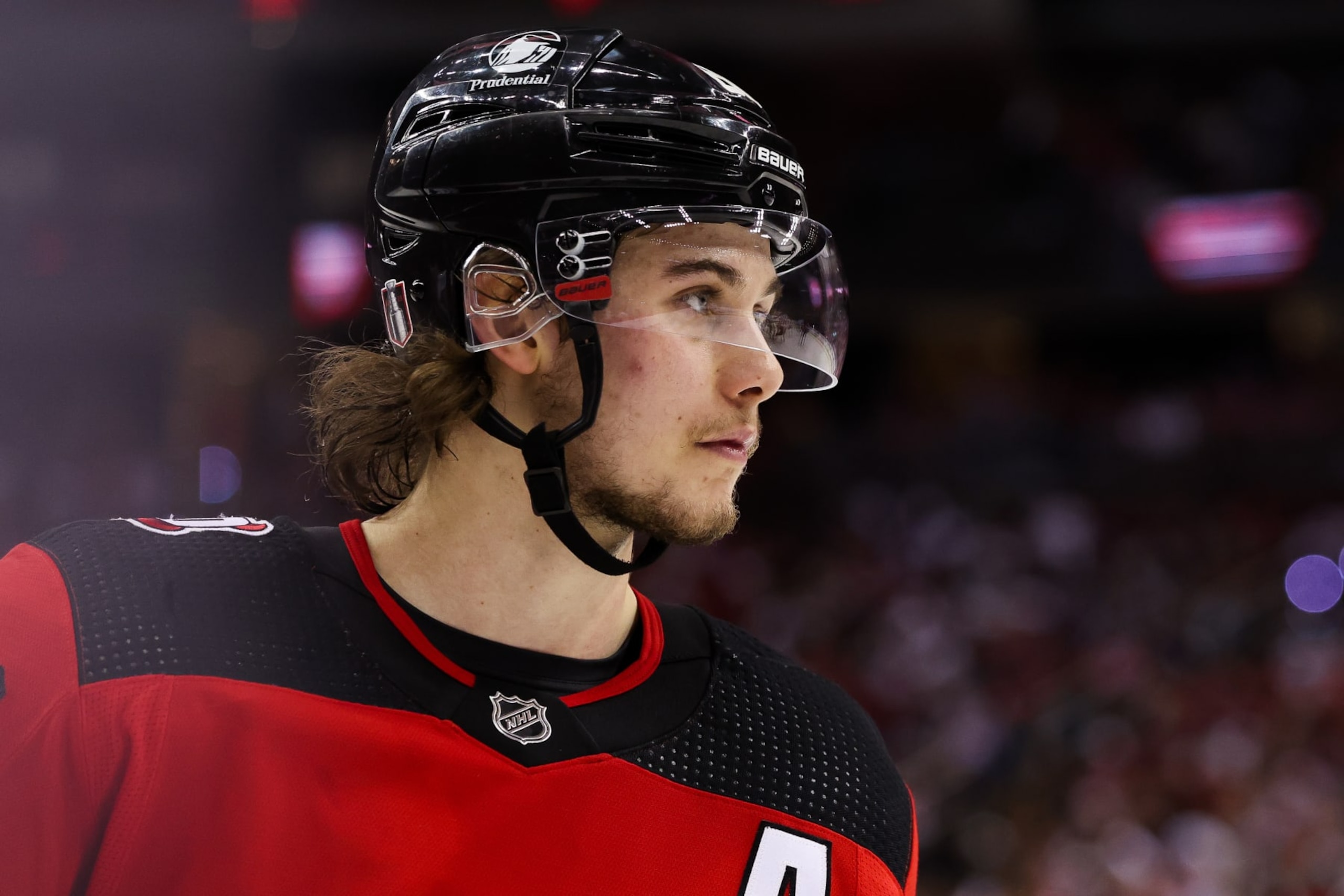 NEWARK, NJ - MAY 09: New Jersey Devils center Jack Hughes (86) looks on during Game 4 of an Eastern Conference Second Round playoff game between the Carolina Hurricanes and the New Jersey Devils on May 9, 2023, at Prudential Center in Newark, New Jersey. (Photo by Andrew Mordzynski/Icon Sportswire via Getty Images) NEWARK, NJ - MAY 09: New Jersey Devils center Jack Hughes (86) looks on during Game 4 of an Eastern Conference Second Round playoff game between the Carolina Hurricanes and the New Jersey Devils on May 9, 2023, at Prudential Center in Newark, New Jersey. (Photo by Andrew Mordzynski/Icon Sportswire via Getty Images)