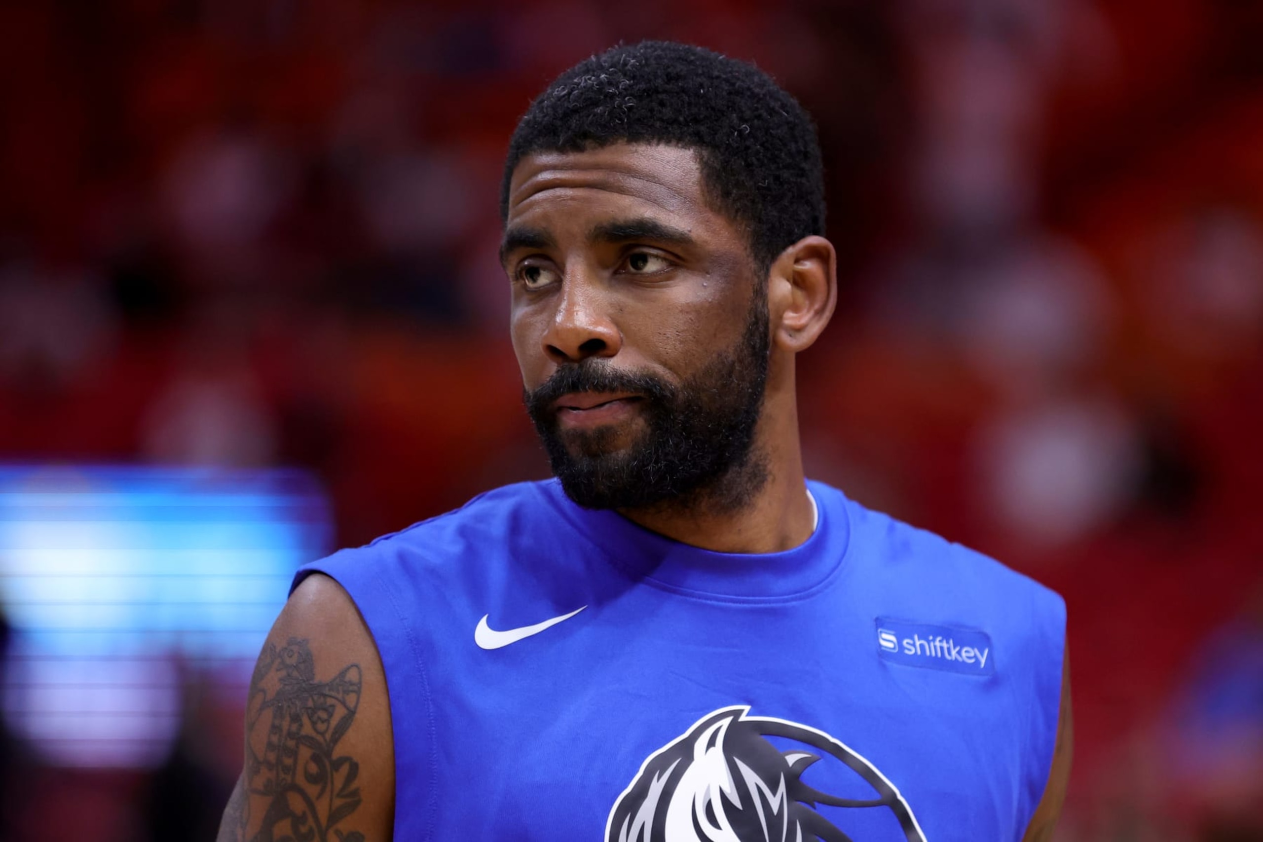 MIAMI, FLORIDA - APRIL 01: Kyrie Irving #2 of the Dallas Mavericks warms up prior to a game against the Miami Heat at Miami-Dade Arena on April 01, 2023 in Miami, Florida. NOTE TO USER: User expressly acknowledges and agrees that, by downloading and or using this photograph, User is consenting to the terms and conditions of the Getty Images License Agreement. (Photo by Megan Briggs/Getty Images)