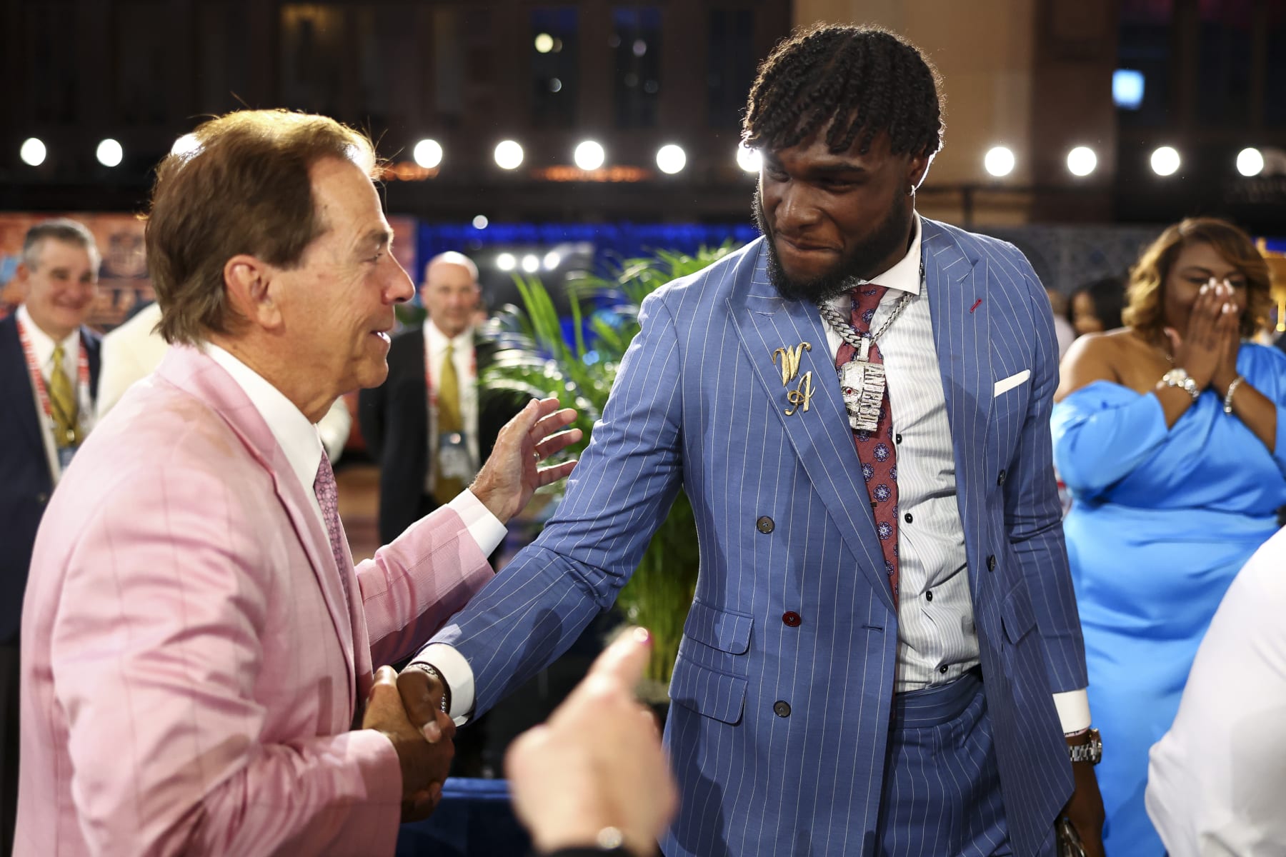 KANSAS CITY, MO - APRIL 27: The family of Will Anderson Jr. celebrates Alabama Crimson Tide head coach Nick Saban in the green room backstage after receiving news he will be drafted by the Houston Texans during the first round of the 2023 NFL Draft at Union Station on April 27, 2023 in Kansas City, Missouri. (Photo by Kevin Sabitus/Getty Images)