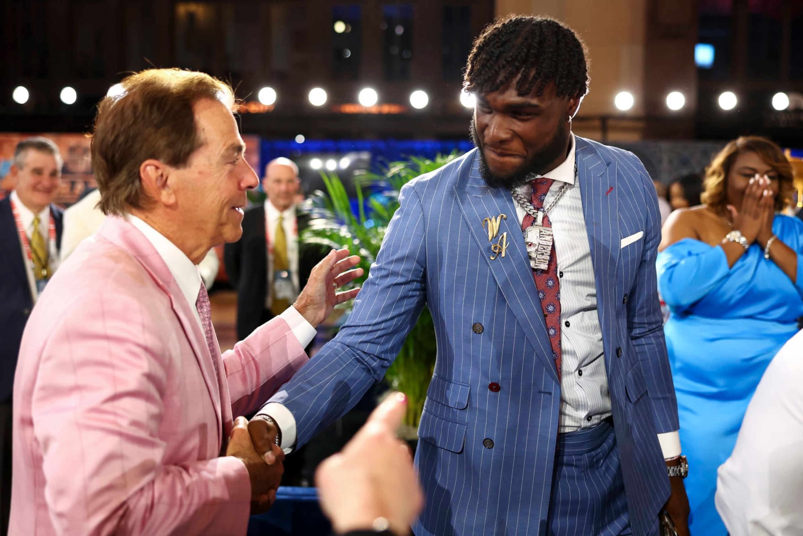 KANSAS CITY, MO - APRIL 27: The family of Will Anderson Jr. celebrates Alabama Crimson Tide head coach Nick Saban in the green room backstage after receiving news he will be drafted by the Houston Texans during the first round of the 2023 NFL Draft at Union Station on April 27, 2023 in Kansas City, Missouri. (Photo by Kevin Sabitus/Getty Images)