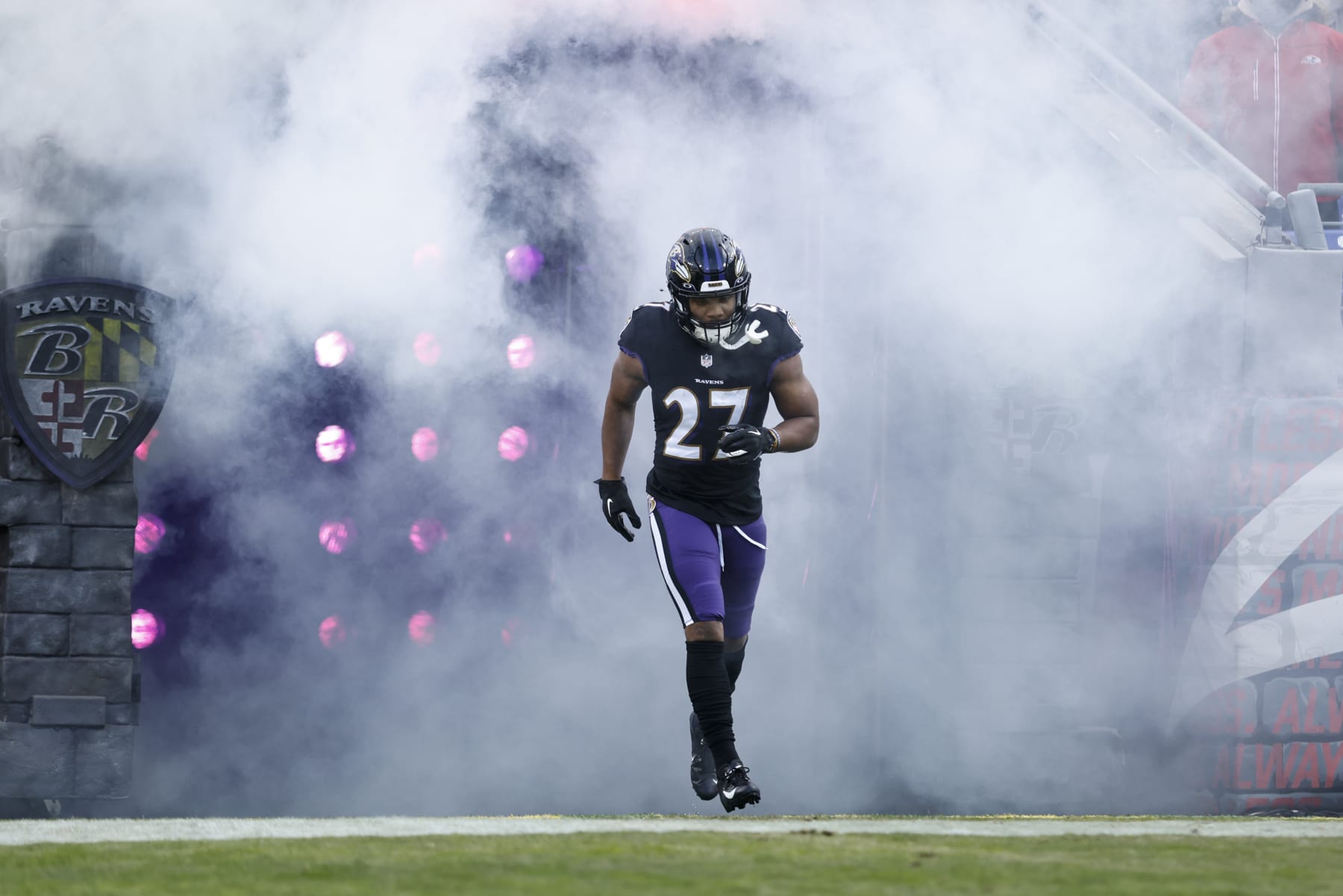 BALTIMORE, MARYLAND - DECEMBER 24: J.K. Dobbins #27 of the Baltimore Ravens takes the field prior to an NFL football game between the Baltimore Ravens and the Atlanta Falcons at M&T Bank Stadium on December 24, 2022 in Baltimore, Maryland. (Photo by Michael Owens/Getty Images)