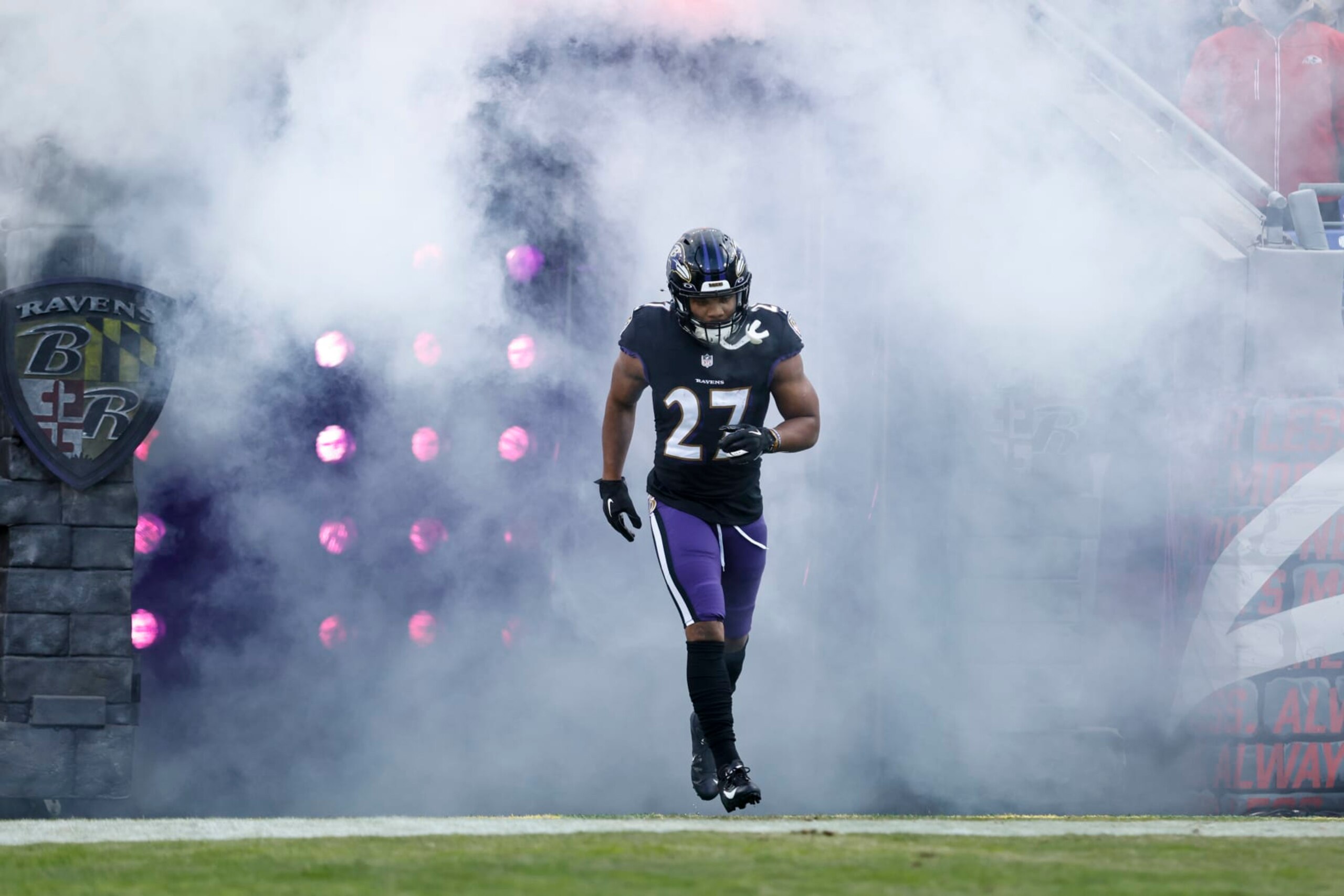 BALTIMORE, MARYLAND - DECEMBER 24: J.K. Dobbins #27 of the Baltimore Ravens takes the field prior to an NFL football game between the Baltimore Ravens and the Atlanta Falcons at M&T Bank Stadium on December 24, 2022 in Baltimore, Maryland. (Photo by Michael Owens/Getty Images)