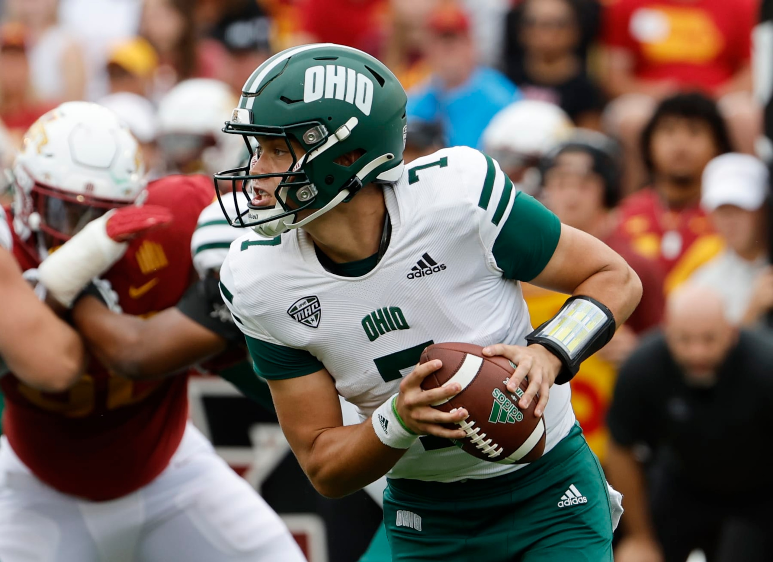 AMES, IA - SEPTEMBER 17:  Quarterback Kurtis Rourke #7 of the Ohio Bobcats scrambles for yards in the first half of play at Jack Trice Stadium on September 17, 2022 in Ames, Iowa. The Iowa State Cyclones won 43-10 over the Ohio Bobcats. (Photo by David K Purdy/Getty Images)