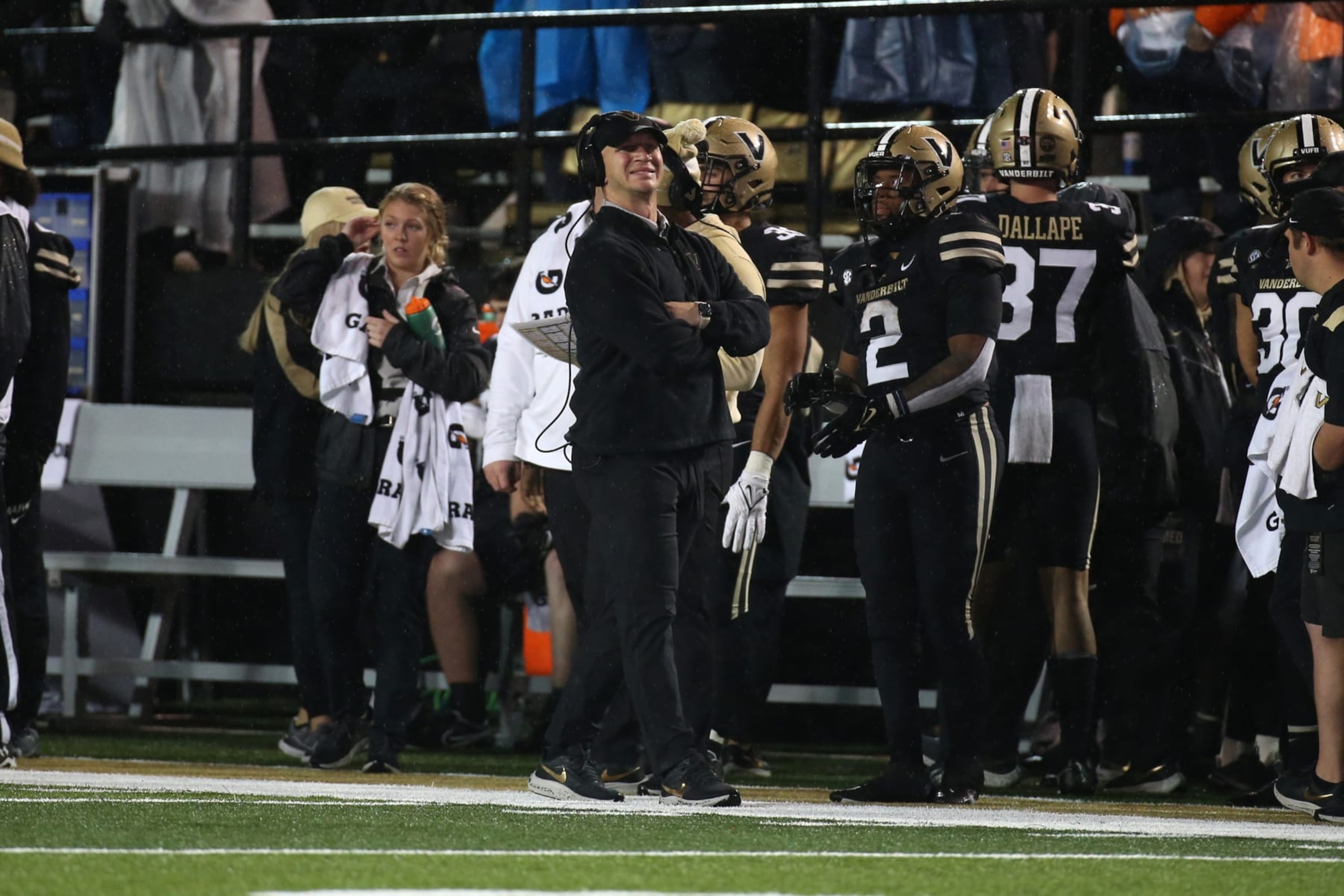 NASHVILLE, TN - NOVEMBER 26: Vanderbilt Commodores head coach vu watches a replay on the video board during a game between the Tennessee Volunteers and Vanderbilt Commodores, November 26, 2022, at FirstBank Stadium in Nashville, Tennessee. (Photo by Matthew Maxey/Icon Sportswire via Getty Images)