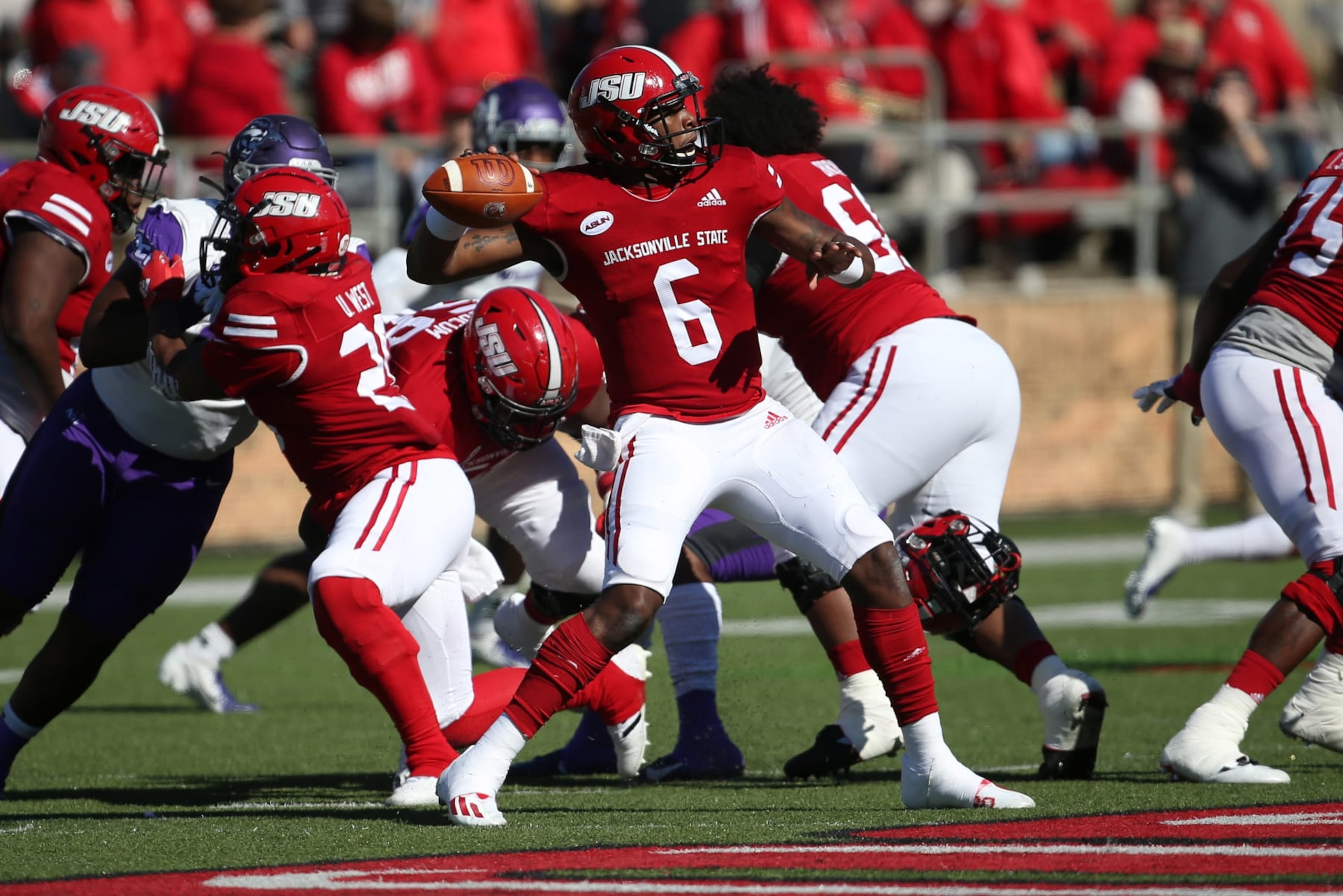 JACKSONVILLE, AL - NOVEMBER 06:  Jacksonville State Gamecocks quarterback Zerrick Cooper (6) during the game between the Abilene Christian Wildcats and the Jacksonville State Gamecocks at Burgess-Snow Field at JSU Stadium on November 6, 2021 in Jacksonville, Alabama.  (Photo by Michael Wade/Icon Sportswire via Getty Images)