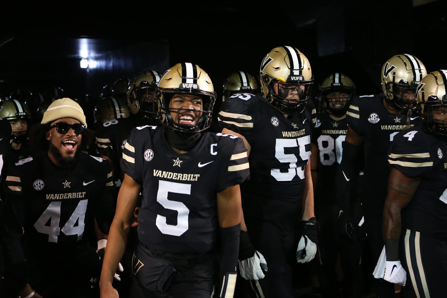 NASHVILLE, TN - NOVEMBER 26: Vanderbilt Commodores quarterback Mike Wright (5) lead the Vanderbilt Commodores out of the tunnel prior to a game between the Tennessee Volunteers and Vanderbilt Commodores, November 26, 2022, at FirstBank Stadium in Nashville, Tennessee. (Photo by Matthew Maxey/Icon Sportswire via Getty Images)